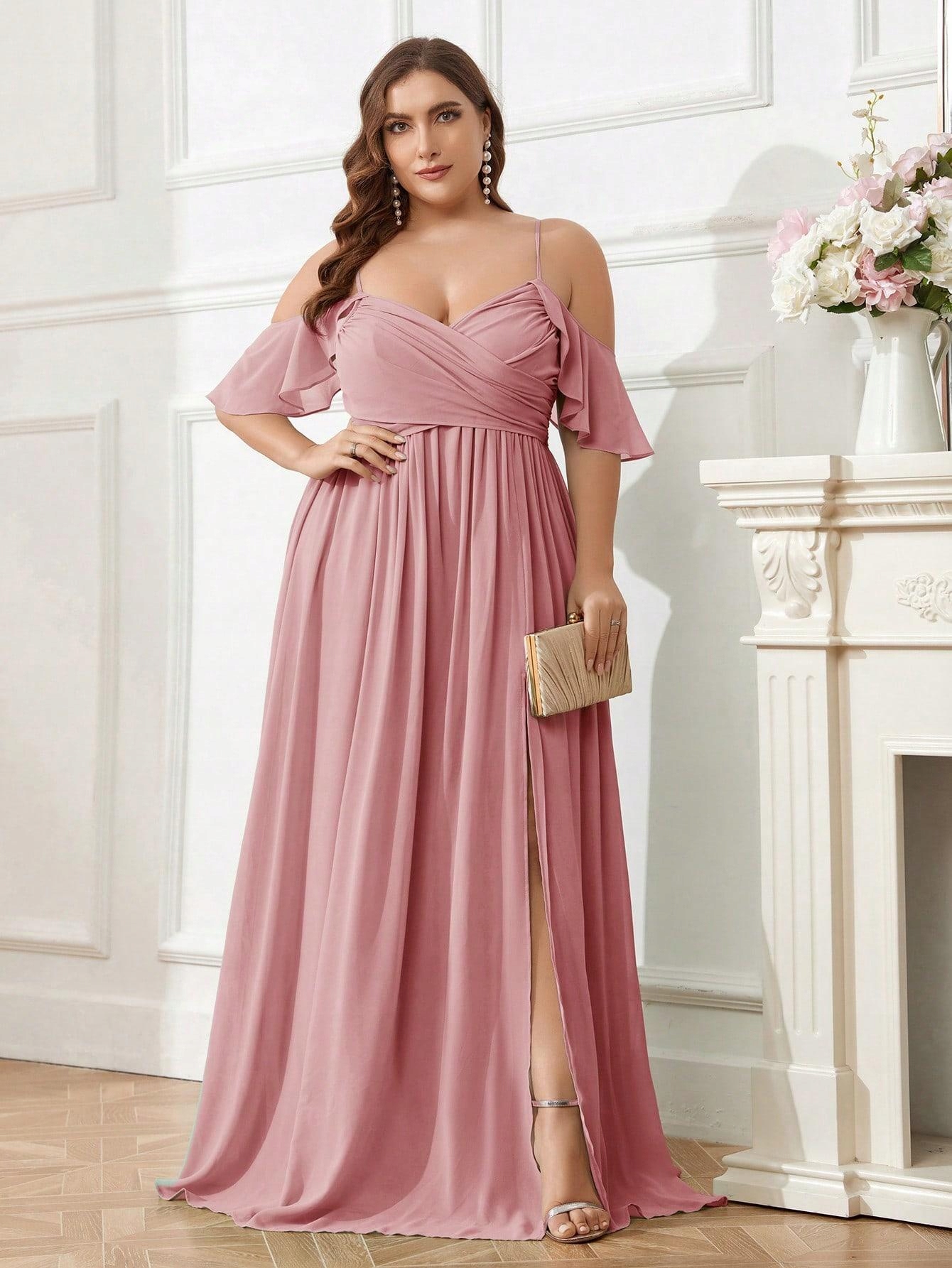 Shein Šifonová Růžová Maxi Šaty S06__50