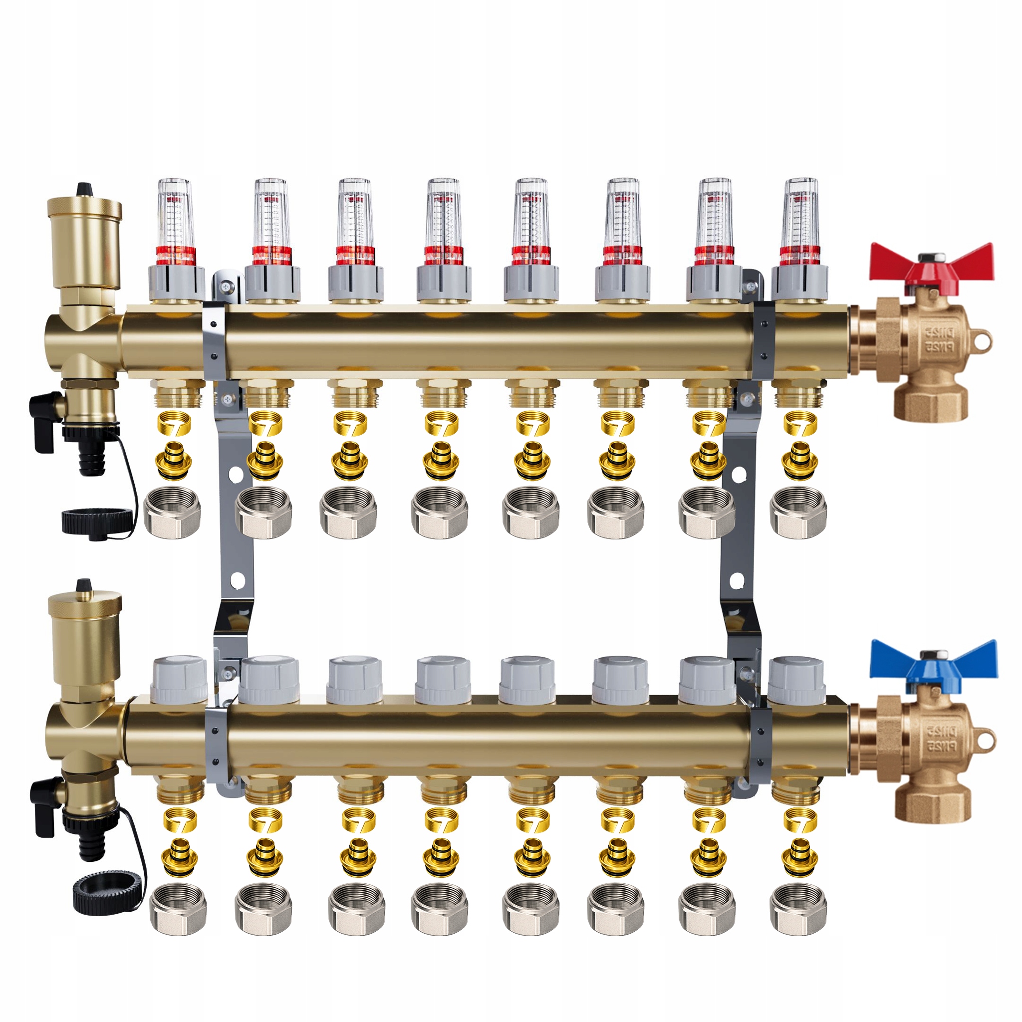 Mosadzný rozdeľovač 8 Obvody vykurovania Podlahové guľové ventily Pex