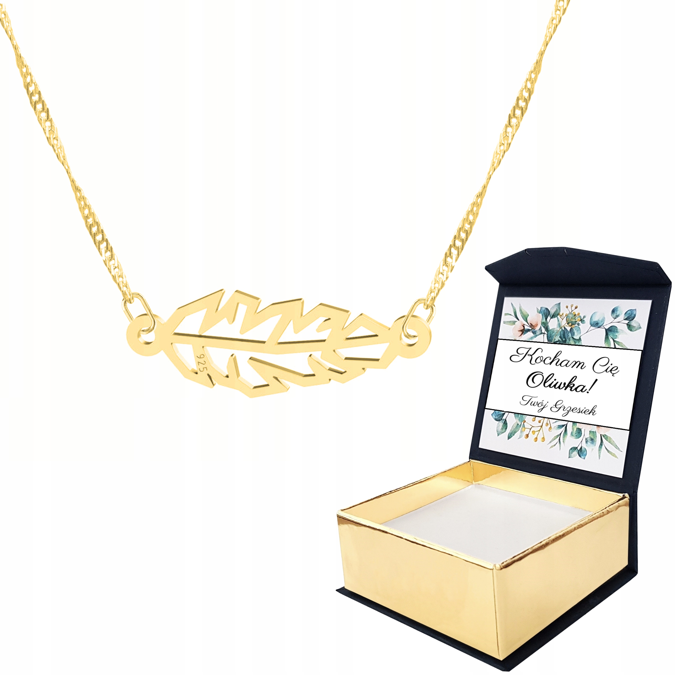 Zlatý náhrdelník 925 Peří Origami Vlastní Potisk