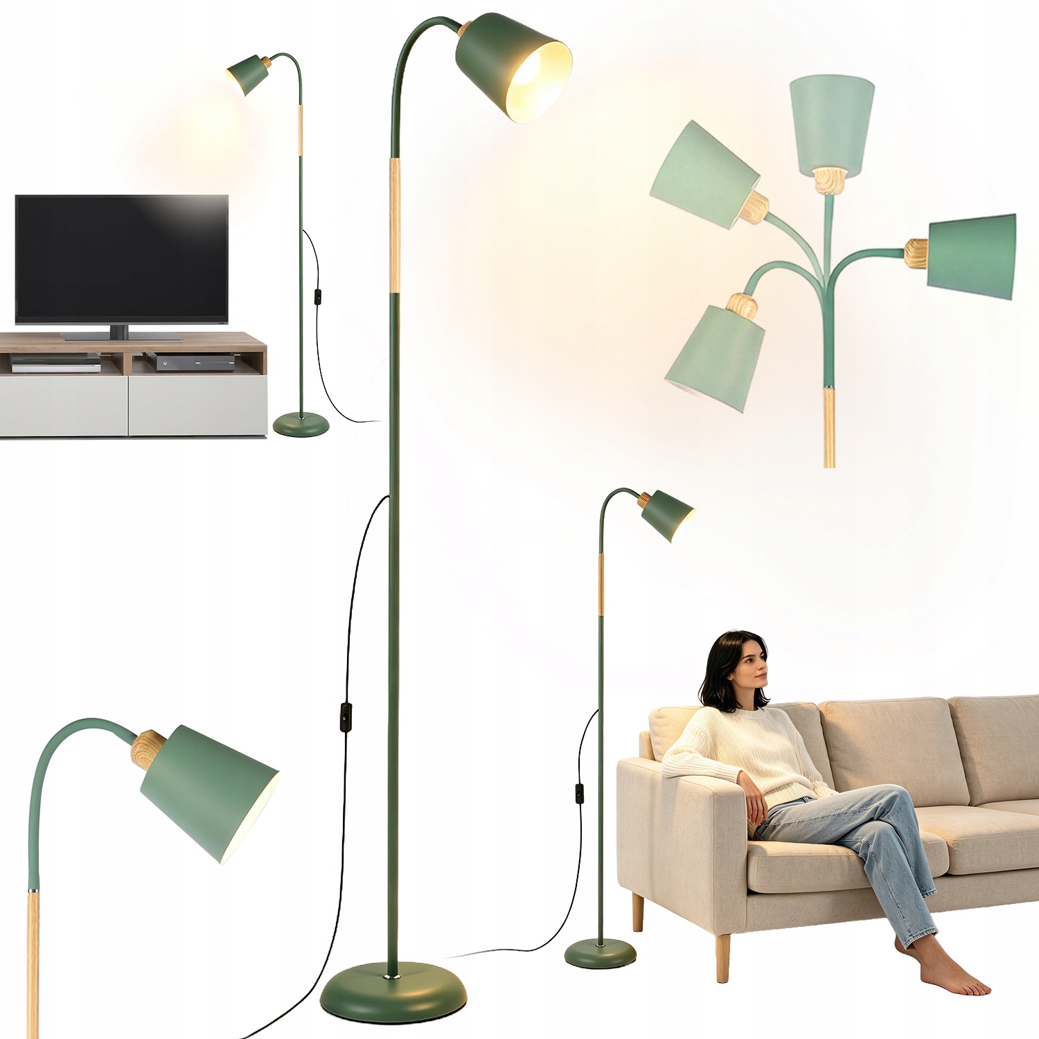 Stojací Podlahová Lampa Do Obývacího Pokoje, Zelená, Kovová Základna Do Domu