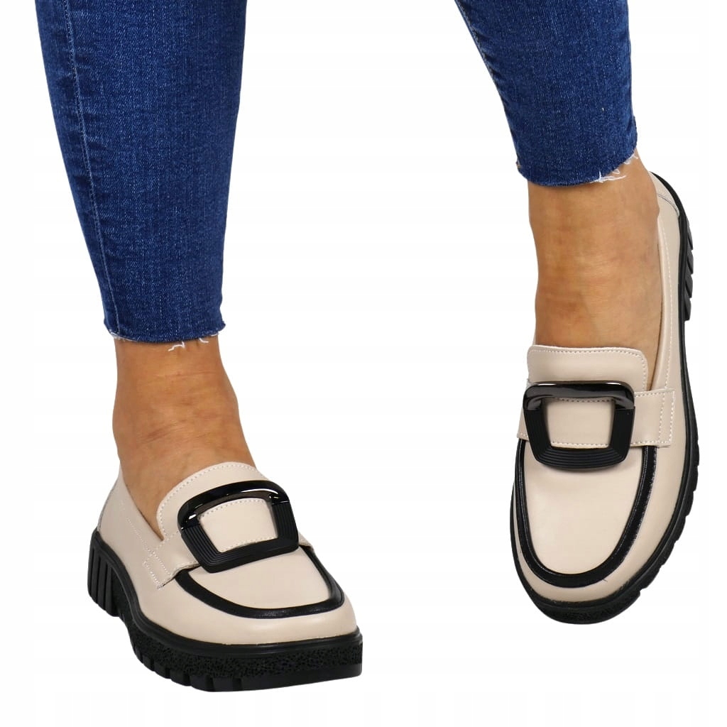 PÓŁBUTY Z KLAMRĄ OZDOBNĄ WSUWANE DAMSKIE MOKASYNY SKÓRZANE BEŻOWE FILIPPO Wzór dominujący bez wzoru