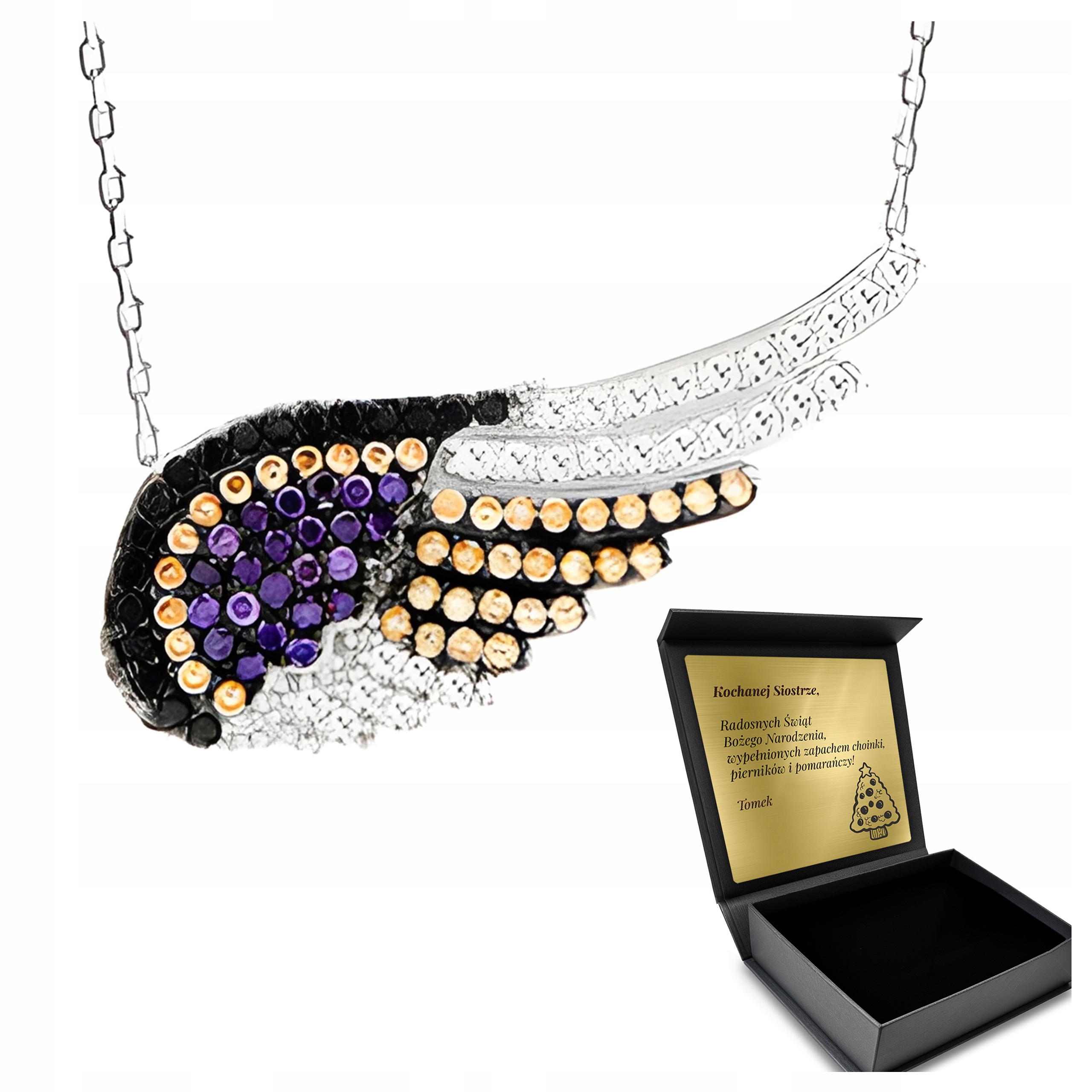 Řetízek Náhrdelník se zirkony Stříbrná Křídla Krabička s gravírováním Bonus