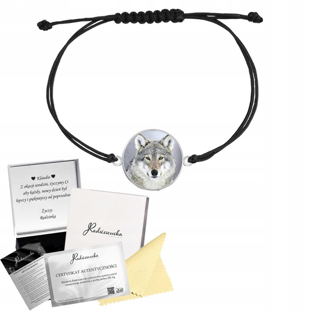 Stříbrný náramek Vlk Foto Šperky Šňůra 925 Gravírování Bonus