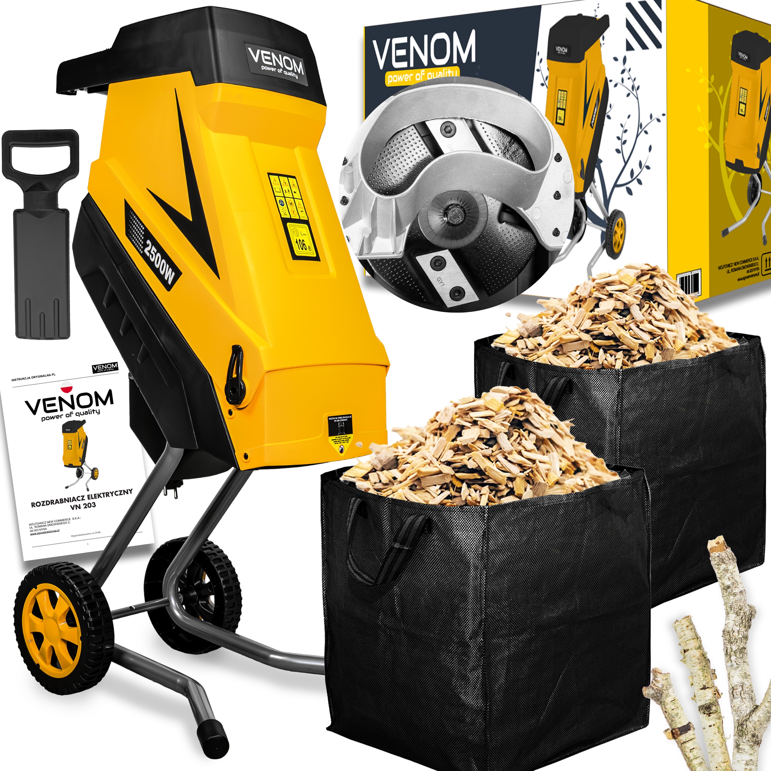 Drtič Elektrický Štěpkovač Na Větve 45 MM Výkonný Motor 2X Nádrž 45 L