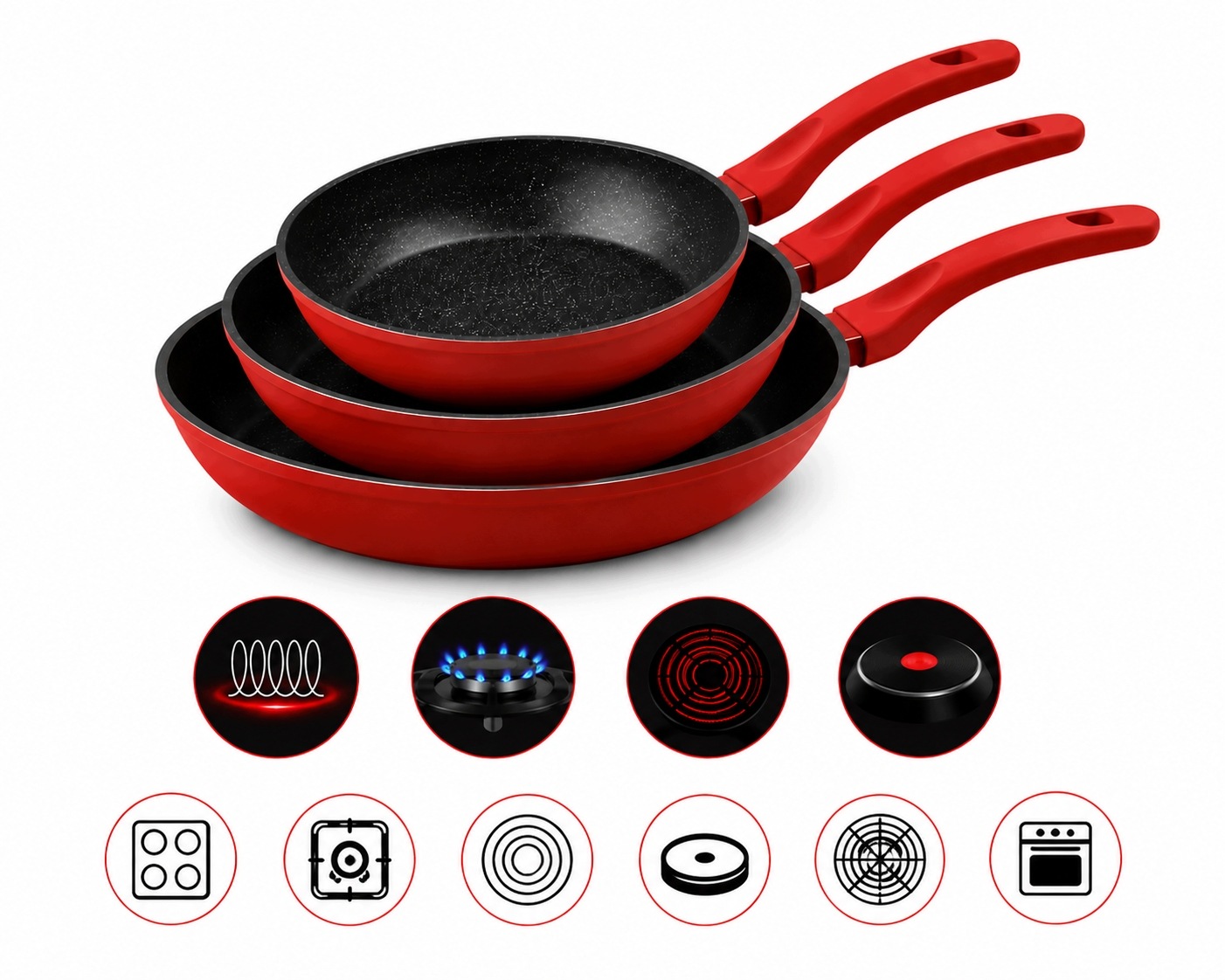 Sada 3 pánví Cheffinger 20/24/28 cm, mramorová povrchová úprava indukce plyn