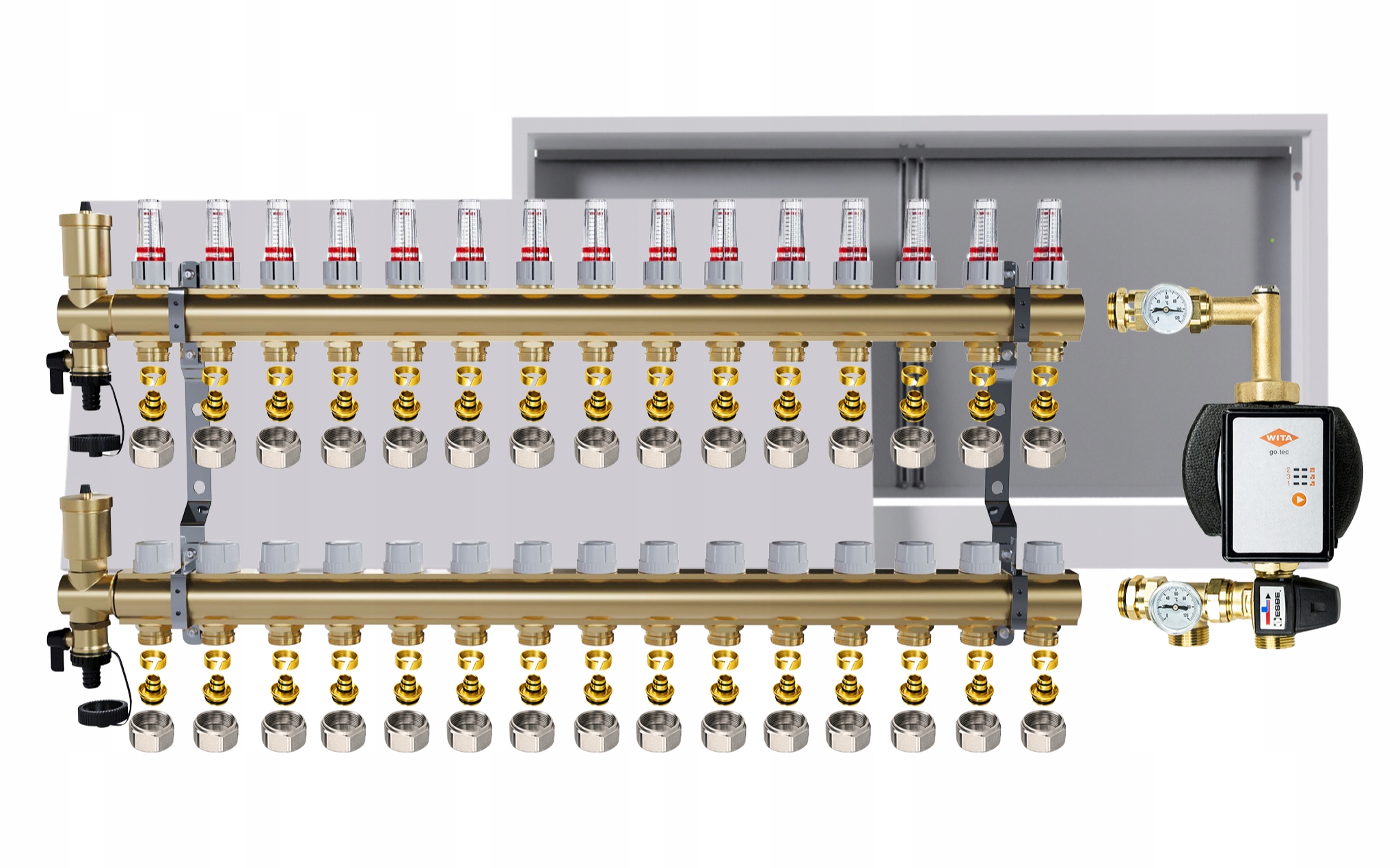Rozdělovač pro podlahovou krytinu 15 okruhů Nástěnná skříňka Čerpadlo Wita Pex
