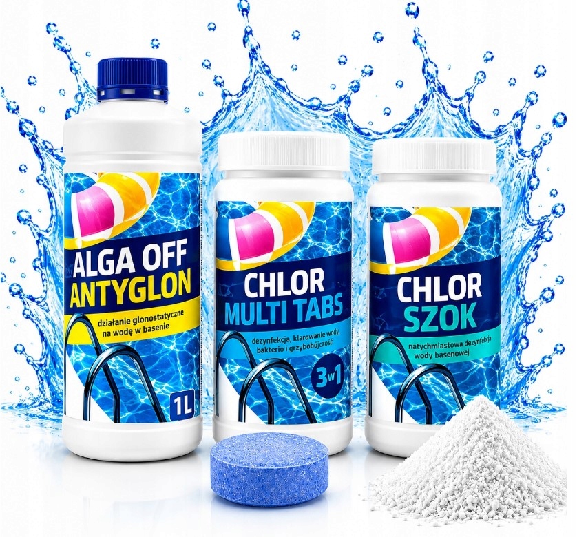 Zestaw Chemia Basenowa 3W1 Chlor Szok Multi Tabletki 200G Alga off Antyglon