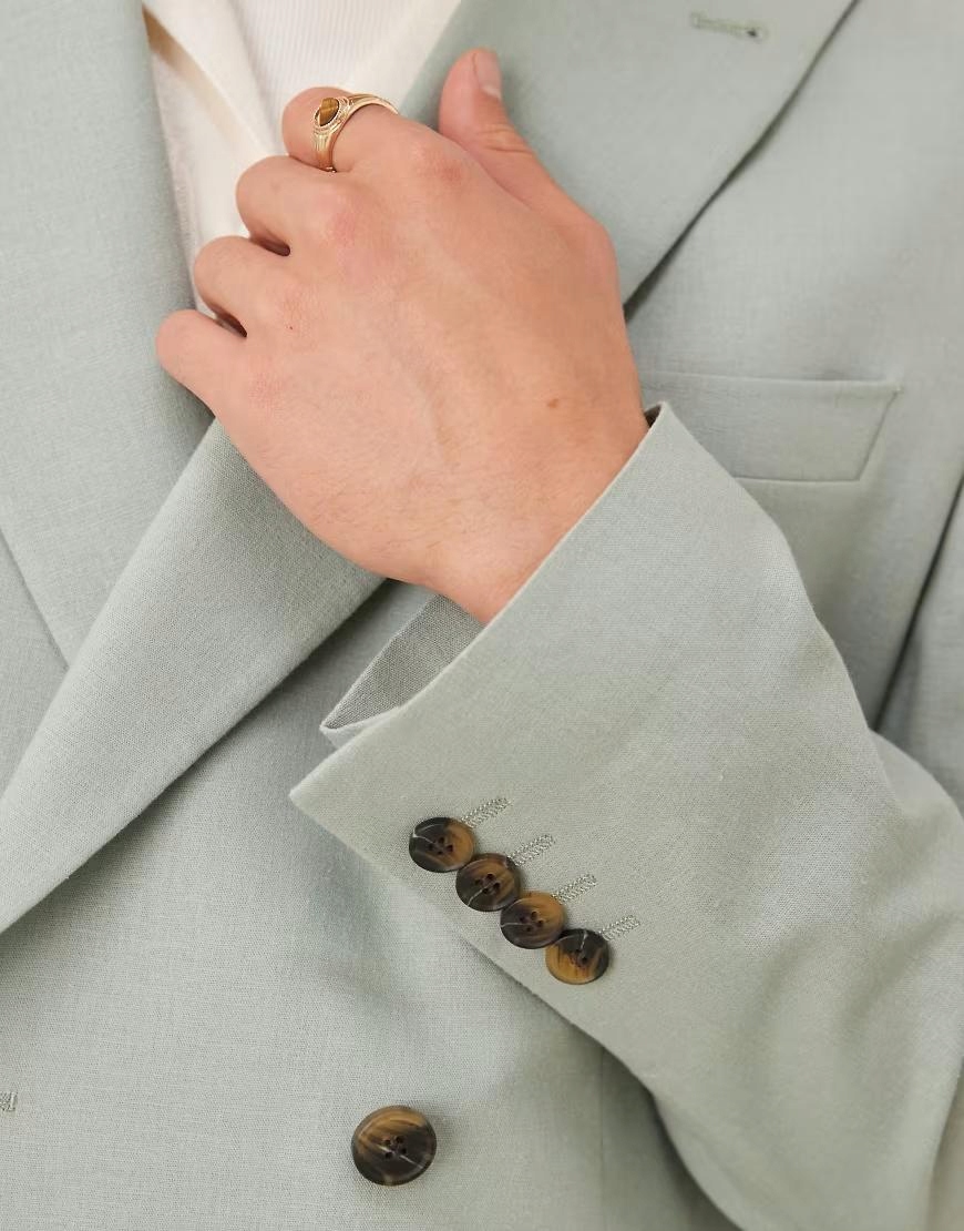 Asos Design Dvouřadý Zelený Sako s příměsí Lnu B23 48