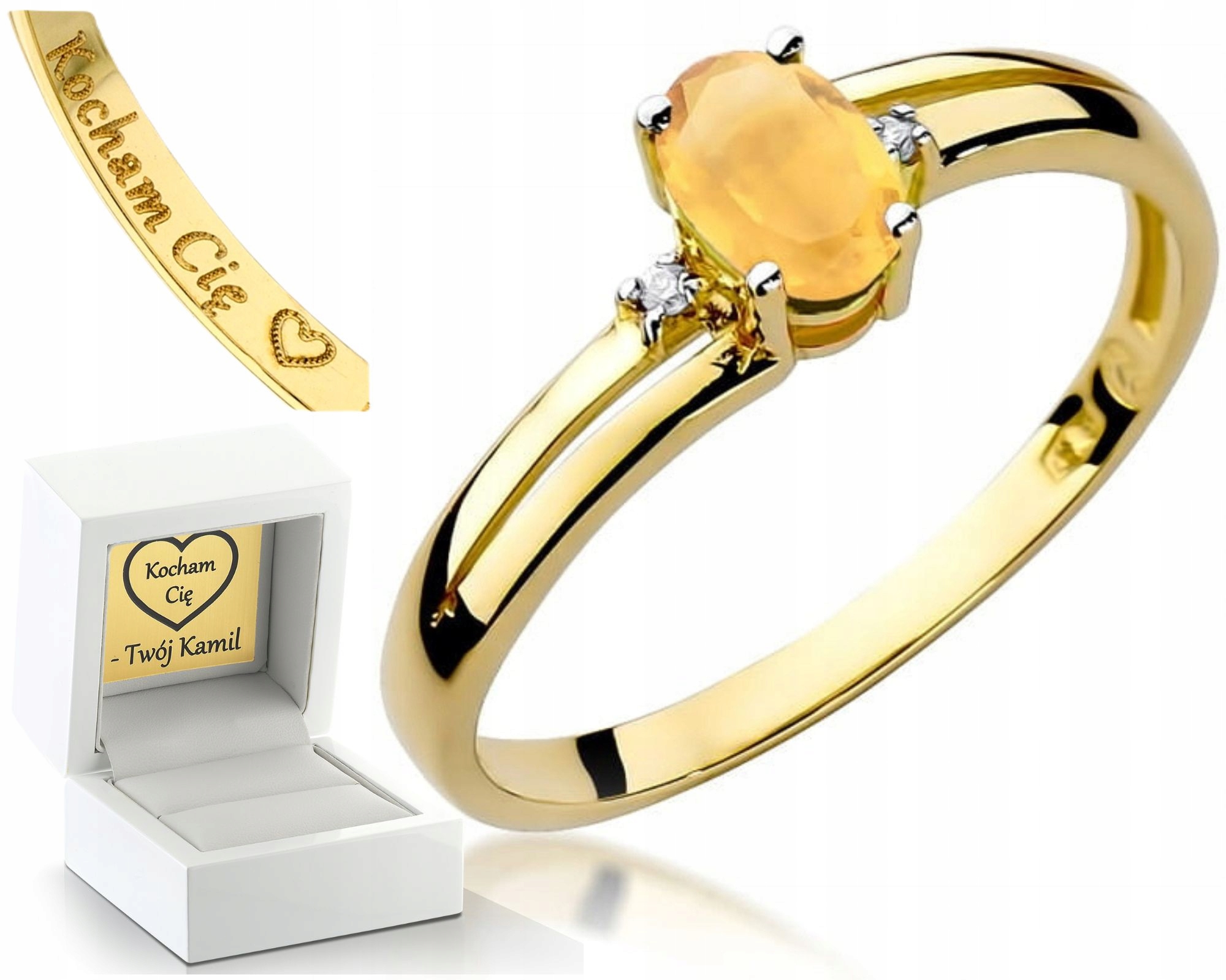 Zlatý Prstýnek Prsten S Citrínem A Diamanty, Gravírování Bonus 585