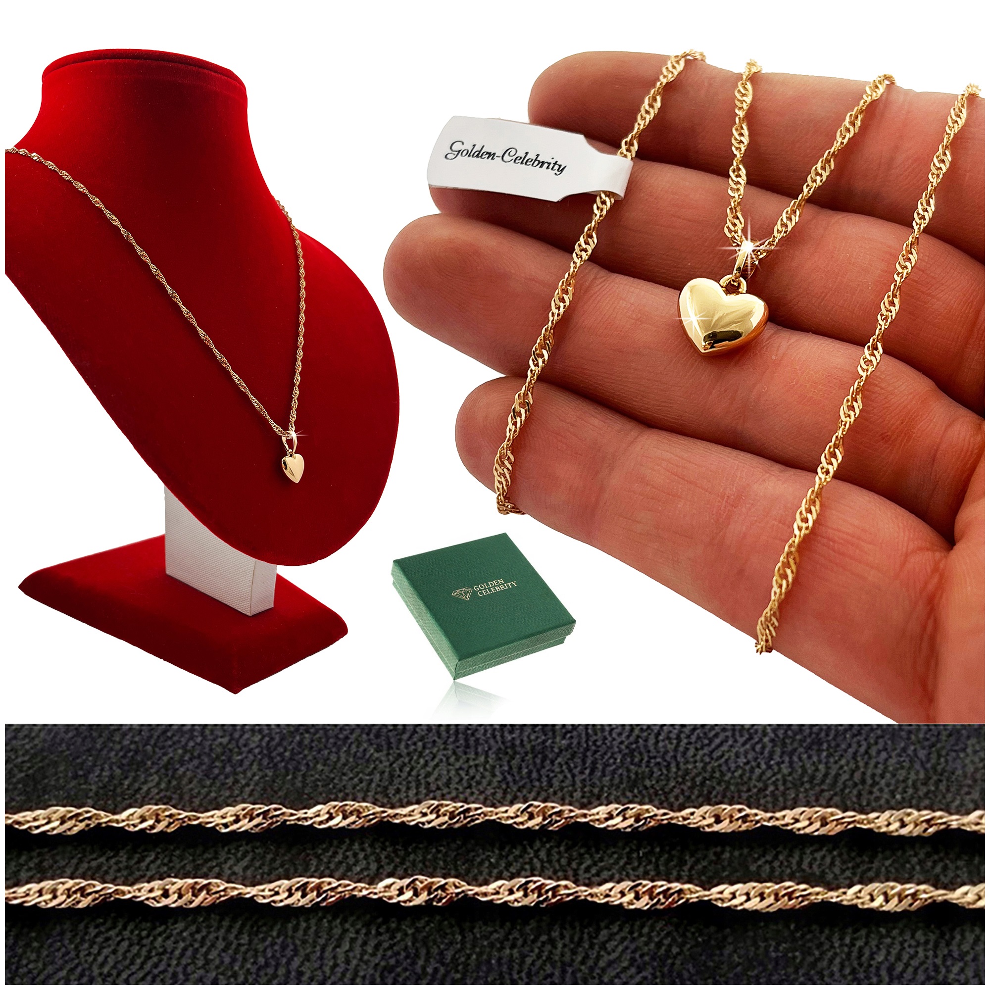 POZŁACANY NASZYJNIK ZE STALI CHIRURGICZNEJ 18K SERCE + ŁAŃCUSZEK 70 CM