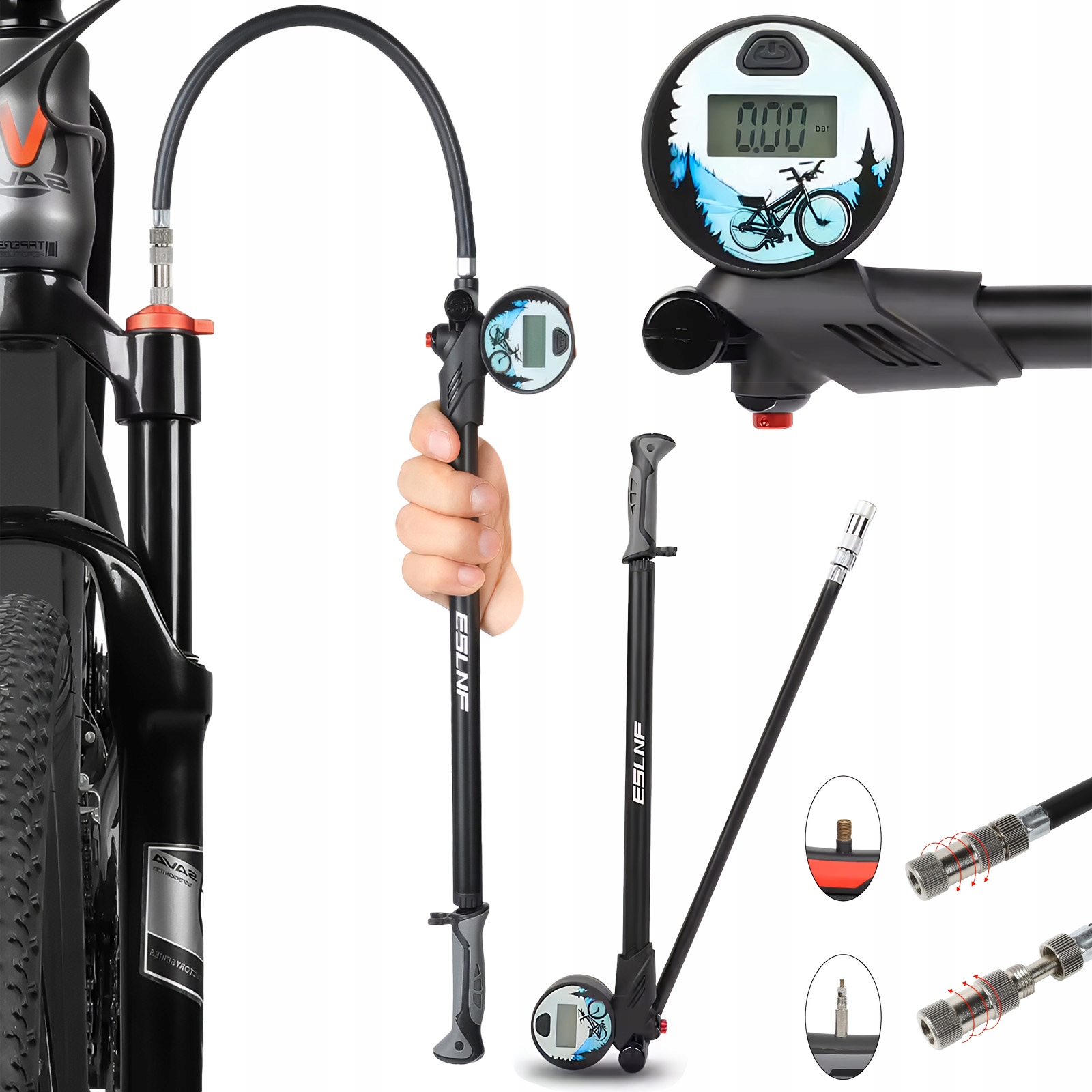 Pompka Rowerowa alu do Opon Piłki Amortyzatorów Manometr LCD 300 Psi 20bar