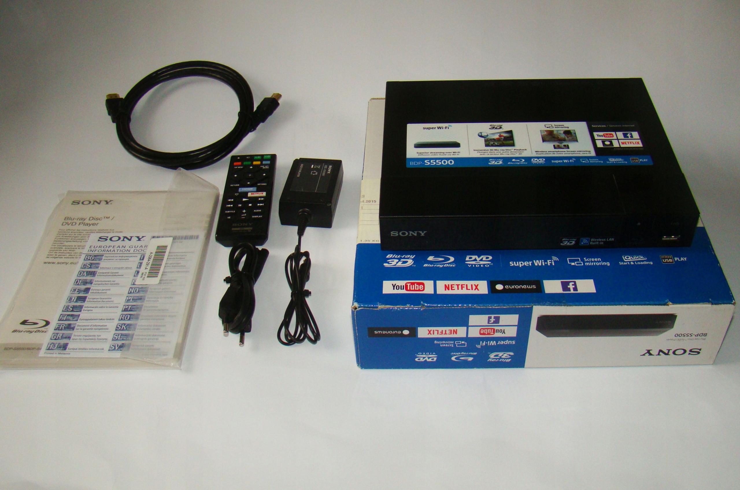 Odtwarzacz Blu-ray SONY BDP-S5500 3D Wi-Fi LAN USB Pudełko+kabel HDMI 1,5 m