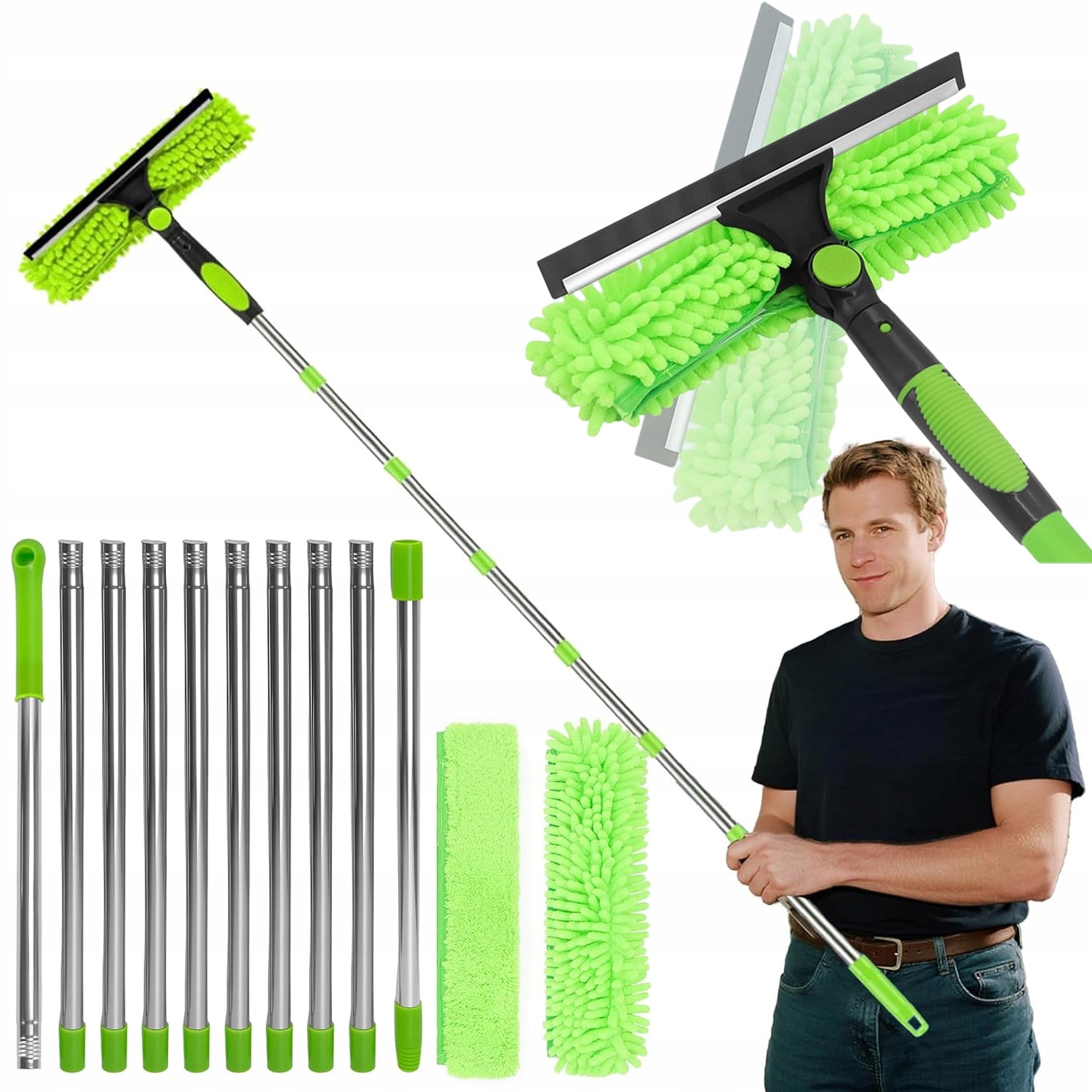 2V1 Teleskopický Mop Na Okna Mycí Stěrka Na Skla Zrcadel Dlouhá 430 CM