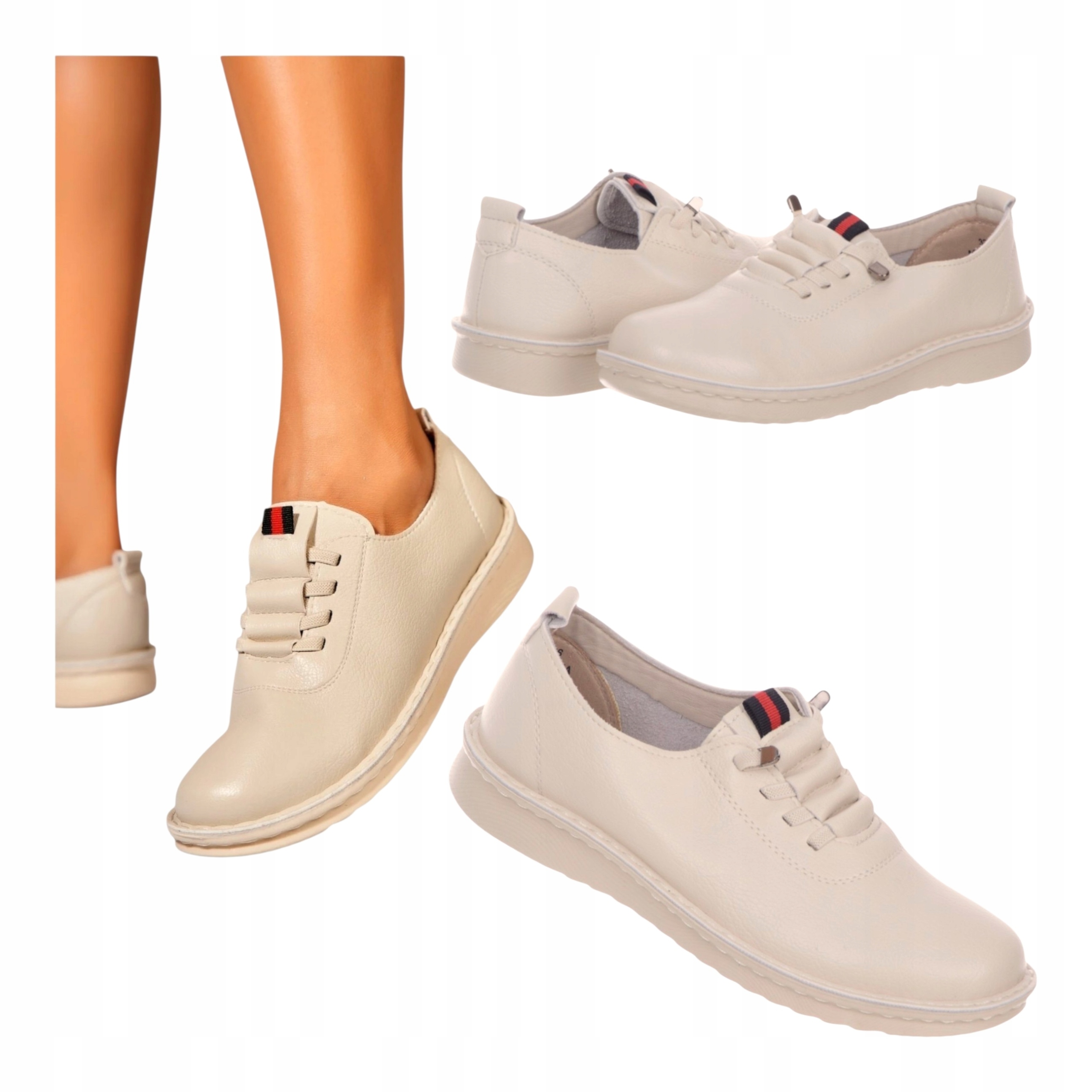 Damskie Półbuty Skórzane Ażurowe Trampki Płaskie Lekkie Beżowe 40