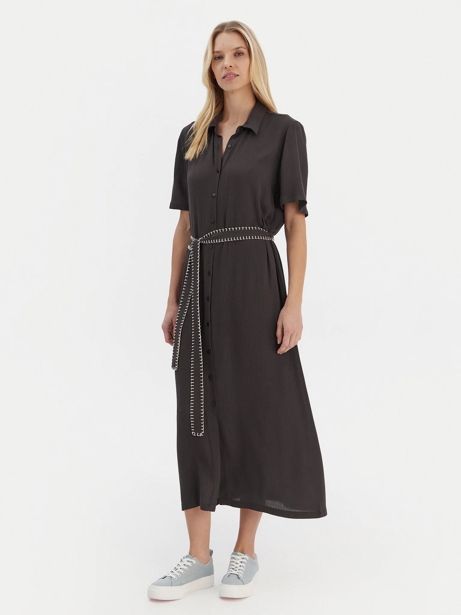 Roxy Šedá Šaty Sukně S Páskem Z Viskózy XL Xta