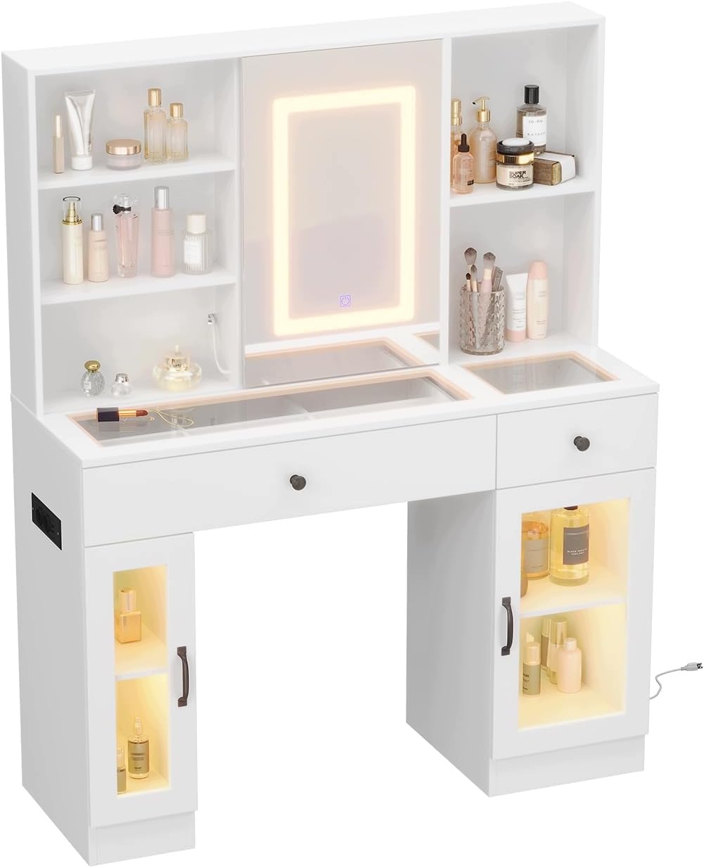 Toaletní stolek s Led zrcadlem, zásuvkou, skříňkou, Usb, Ac zásuvkou, bílý