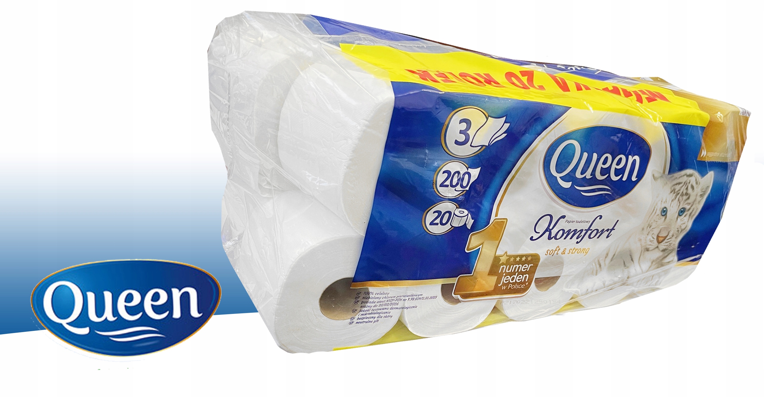 PAPIER TOALETOWY QUEEN 20 ROLEK 3 WARSTWOWY BIAŁY SOFT&STRONG 200 LISTKÓW Marka Queen