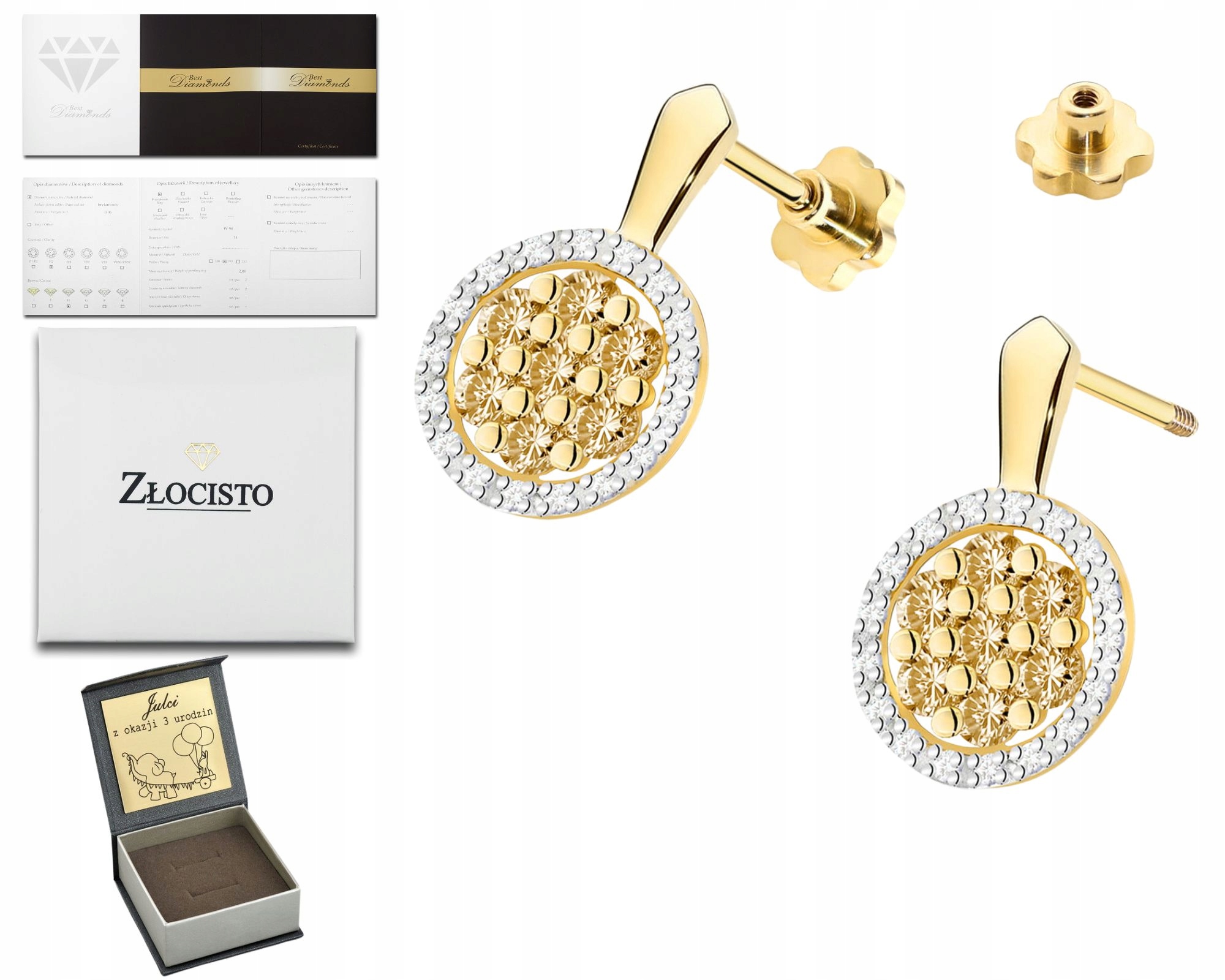 Zlaté Náušnice S Hnědými Brilianty Zavěšené Na Šroubovací Tyči 585