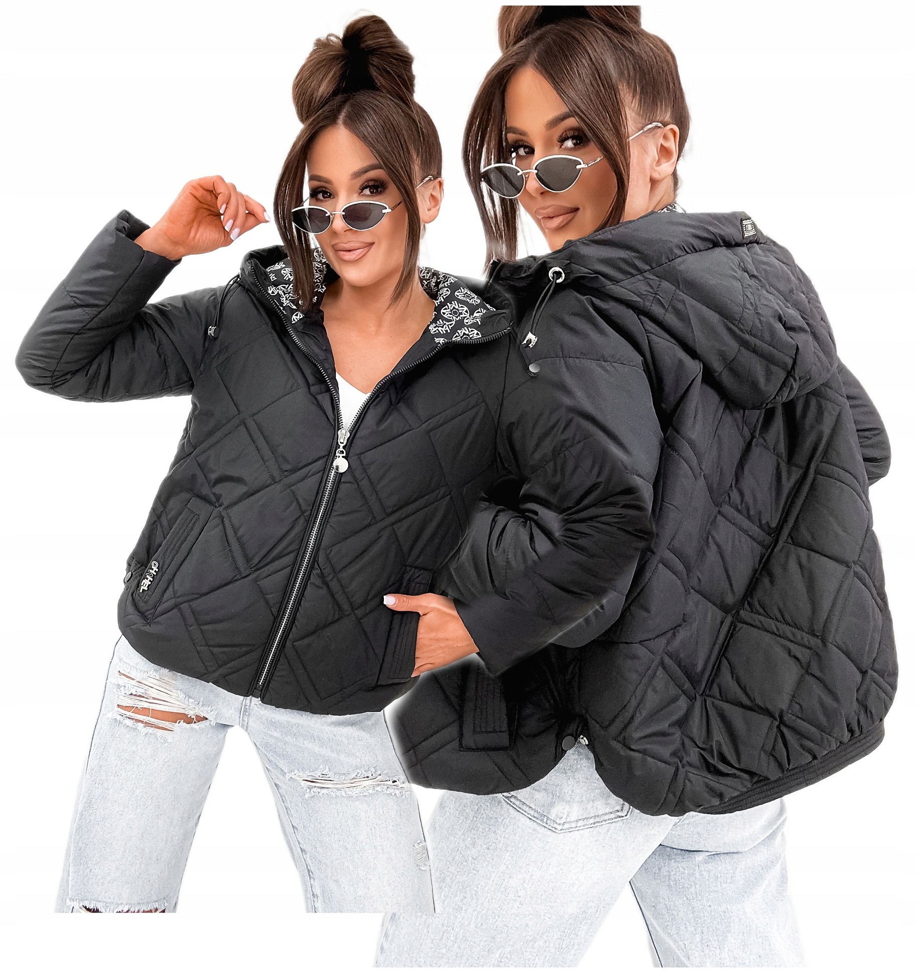 Kurtka Damska Wiosenna Przejsciowa Pikowana Z Kapturem Czarna 60399 Roz. S