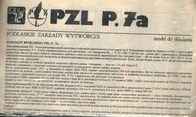 Samolot myśliwski PZL P.7a modelarz