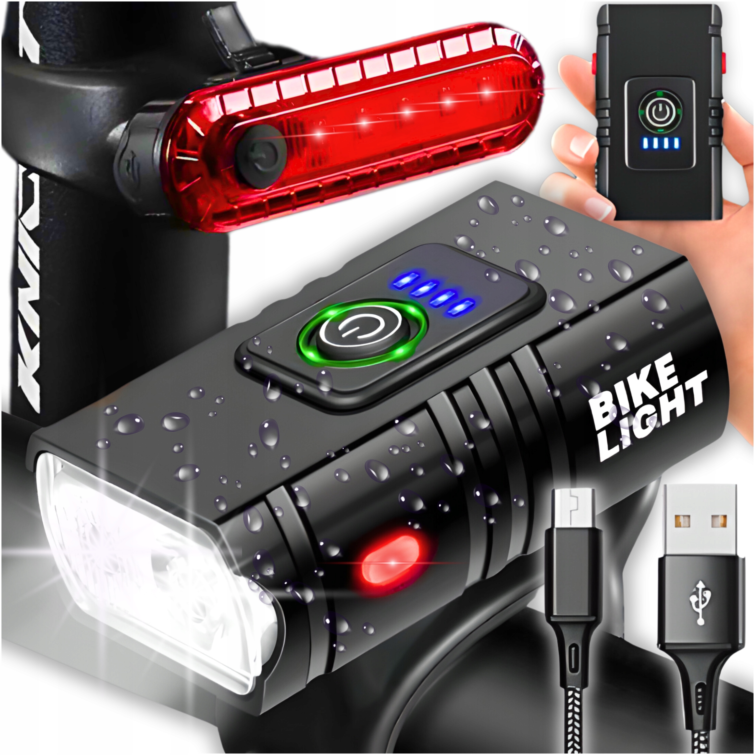 MOCNA LAMPKA ROWEROWA PRZEDNIA TYLNA LED WODOODPORNA AKUMULATOR USB ZESTAW