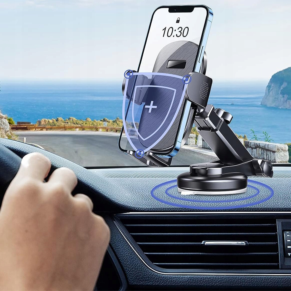 UCHWYT SAMOCHODOWY NA TELEFON SZYBĘ KOKPIT REGULACJA DŁUGOŚĆ OBROTOWY Kolor czarny