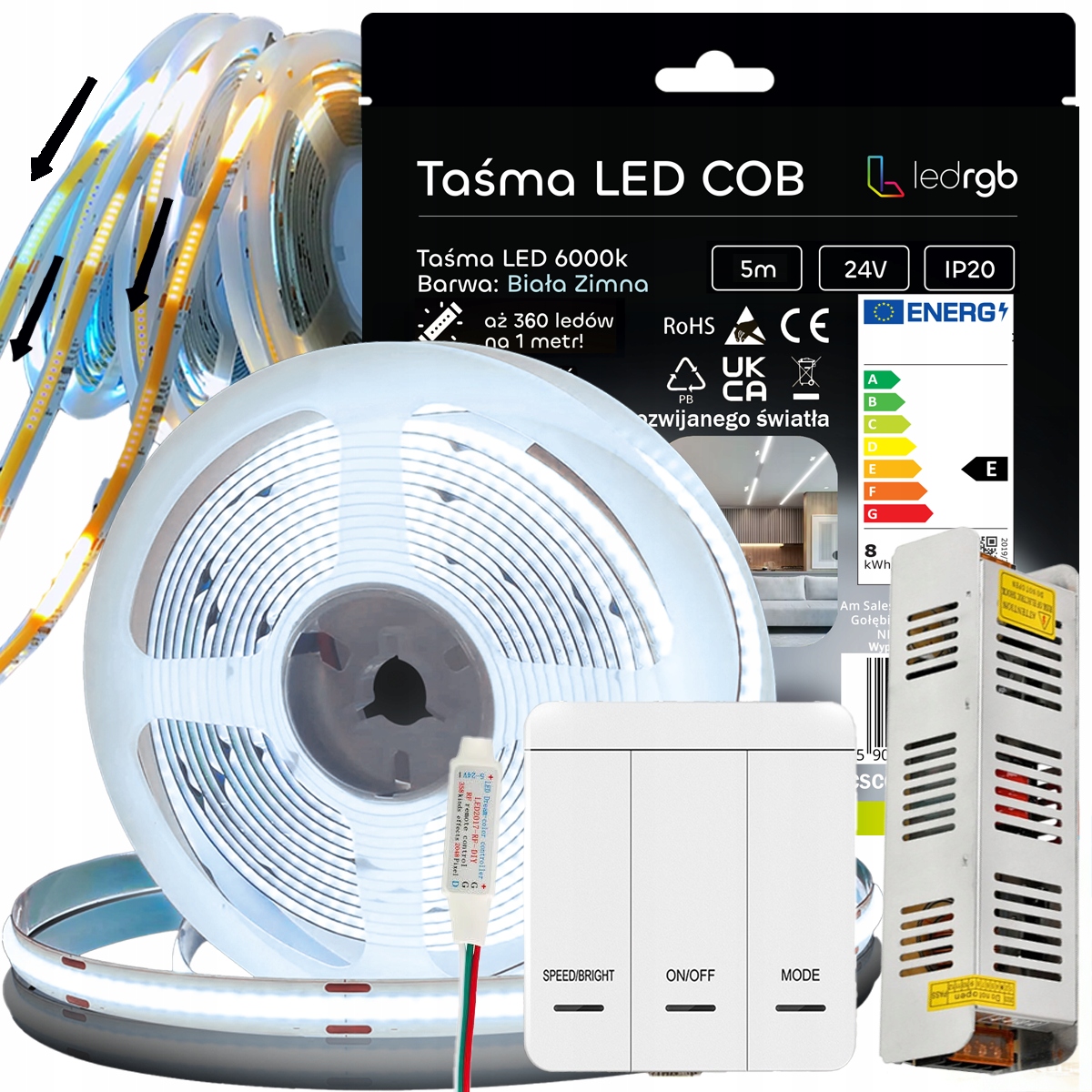 Set Led Pásek Cob 5 m 24 V Bílý 6000 K Digitální Klávesový Spínač Fala