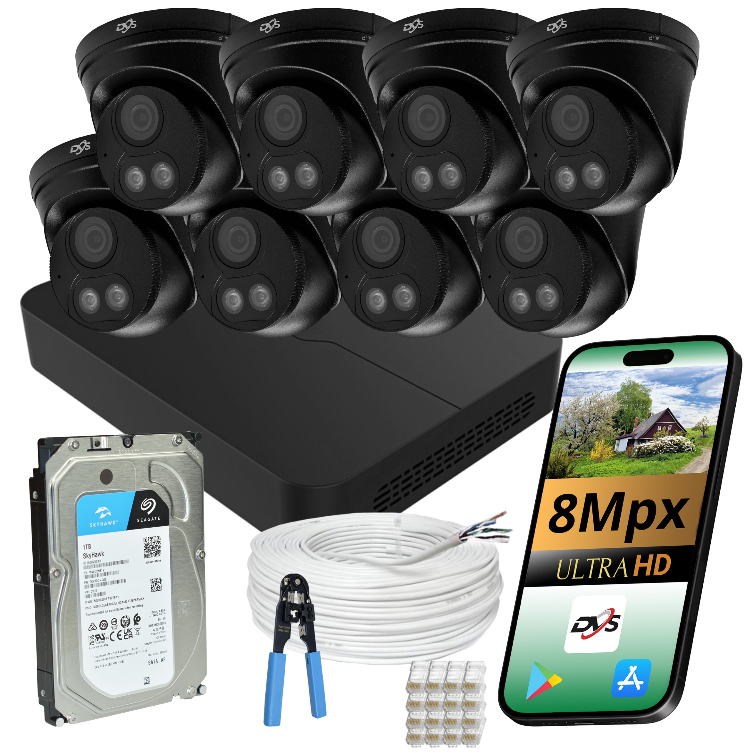 Venkovní Monitorování 8x Ip Kamera Poe 8MPX Černá Kopulovitá Disková Sada