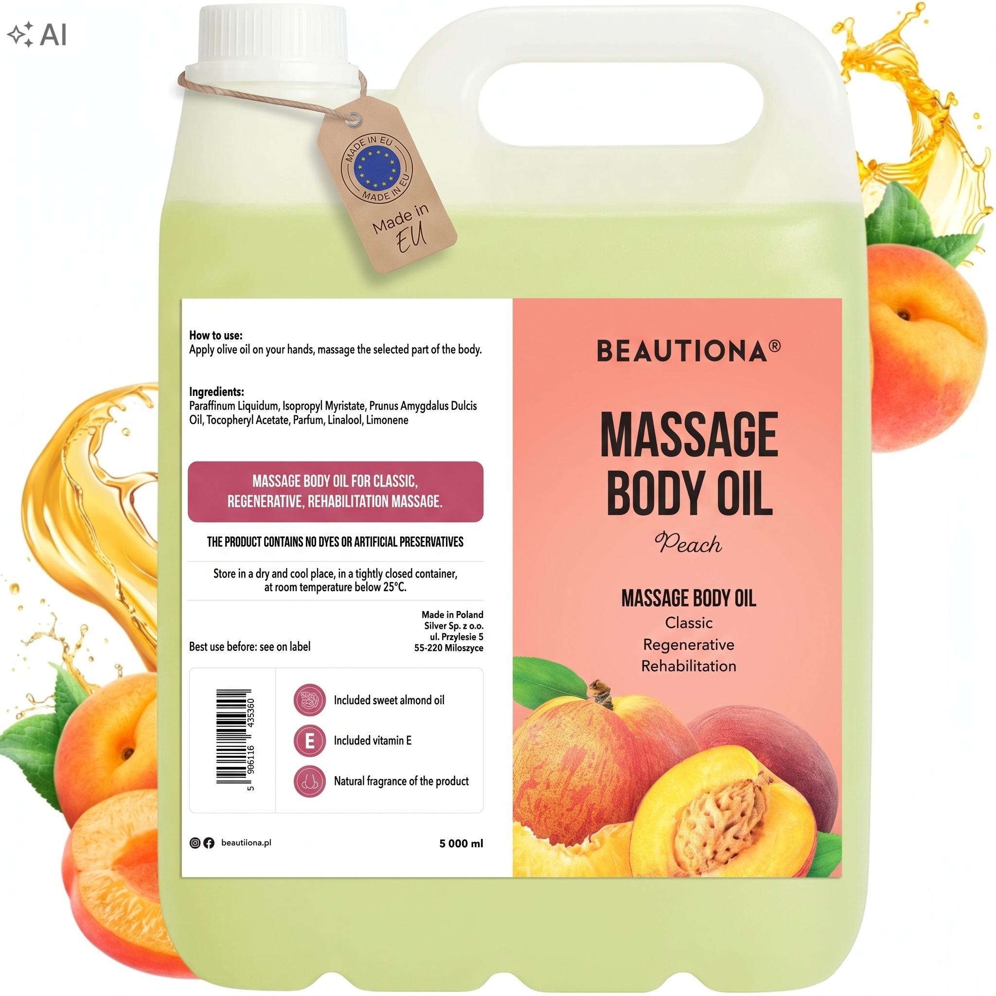 Masážní Olej Na Tělo A Obličej Přírodní Hydratační Peach Spa 5000ML