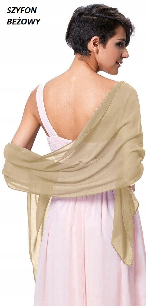 ELEGANCKI SZAL Z SZYFONU,BEŻOWY-IDEALNY NA WESELE,WIECZOR DO SUKIENKI Model Milena