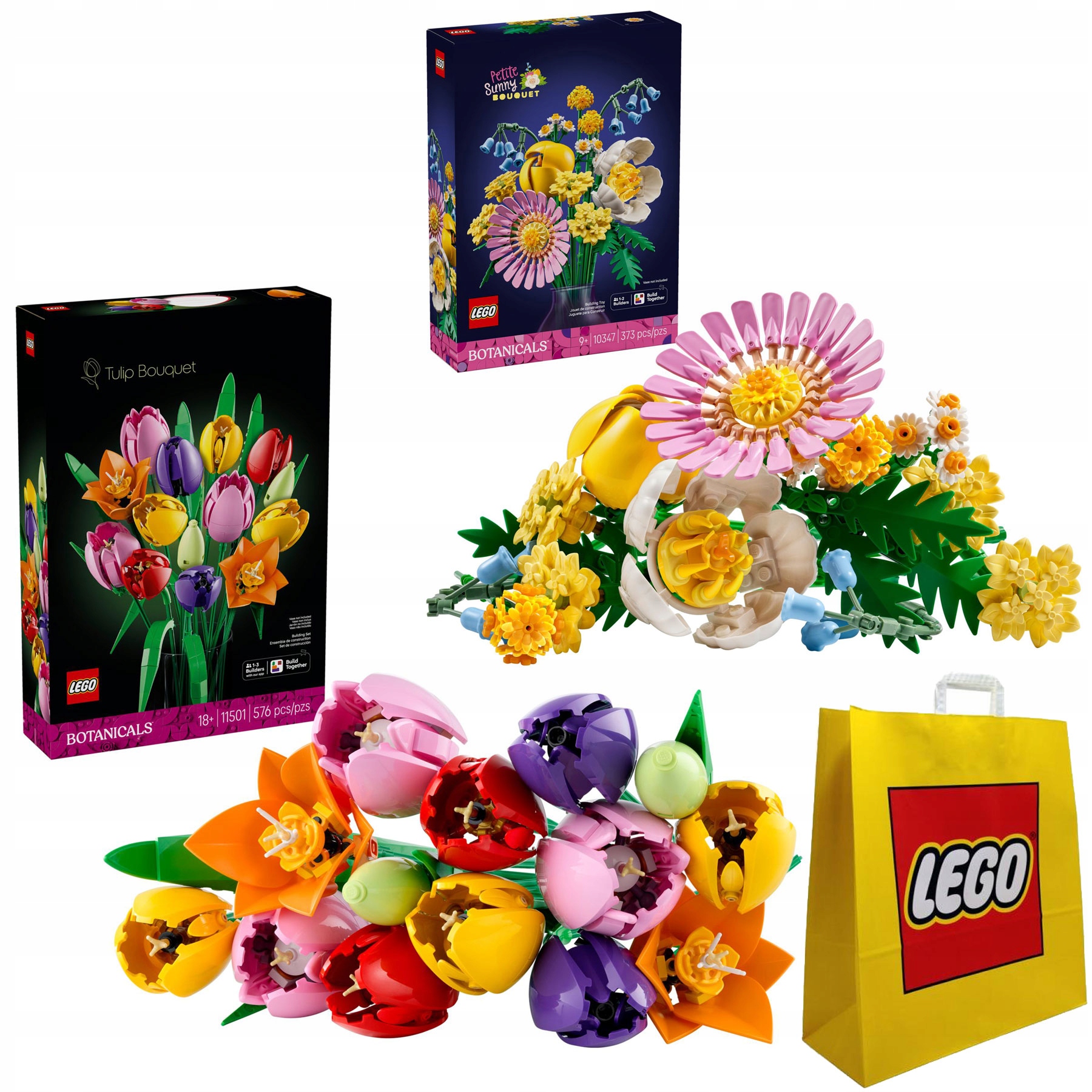 Lego 10347 kytice žlutých květů Lego 11501 Kytice tulipánů taška