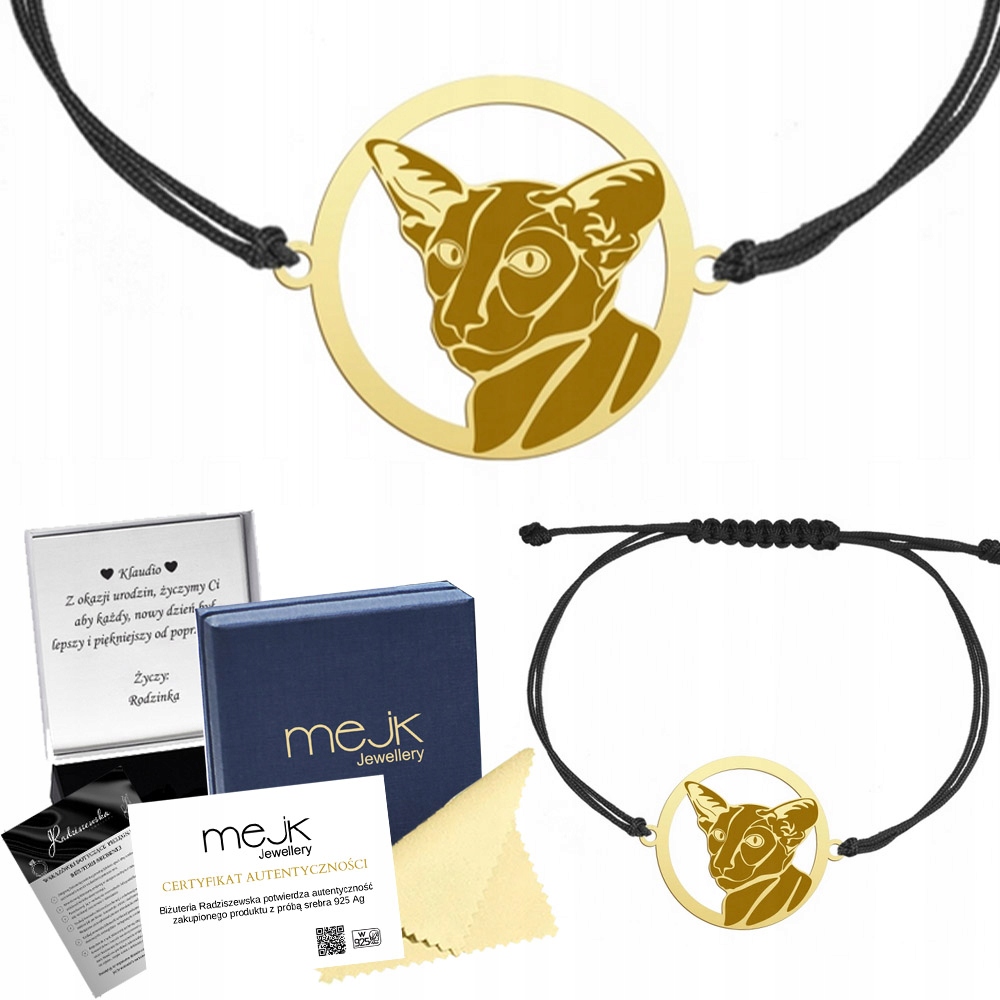 Zlatý náramek s orientální kočkou 925 Šňůrka Šperky Gravírování