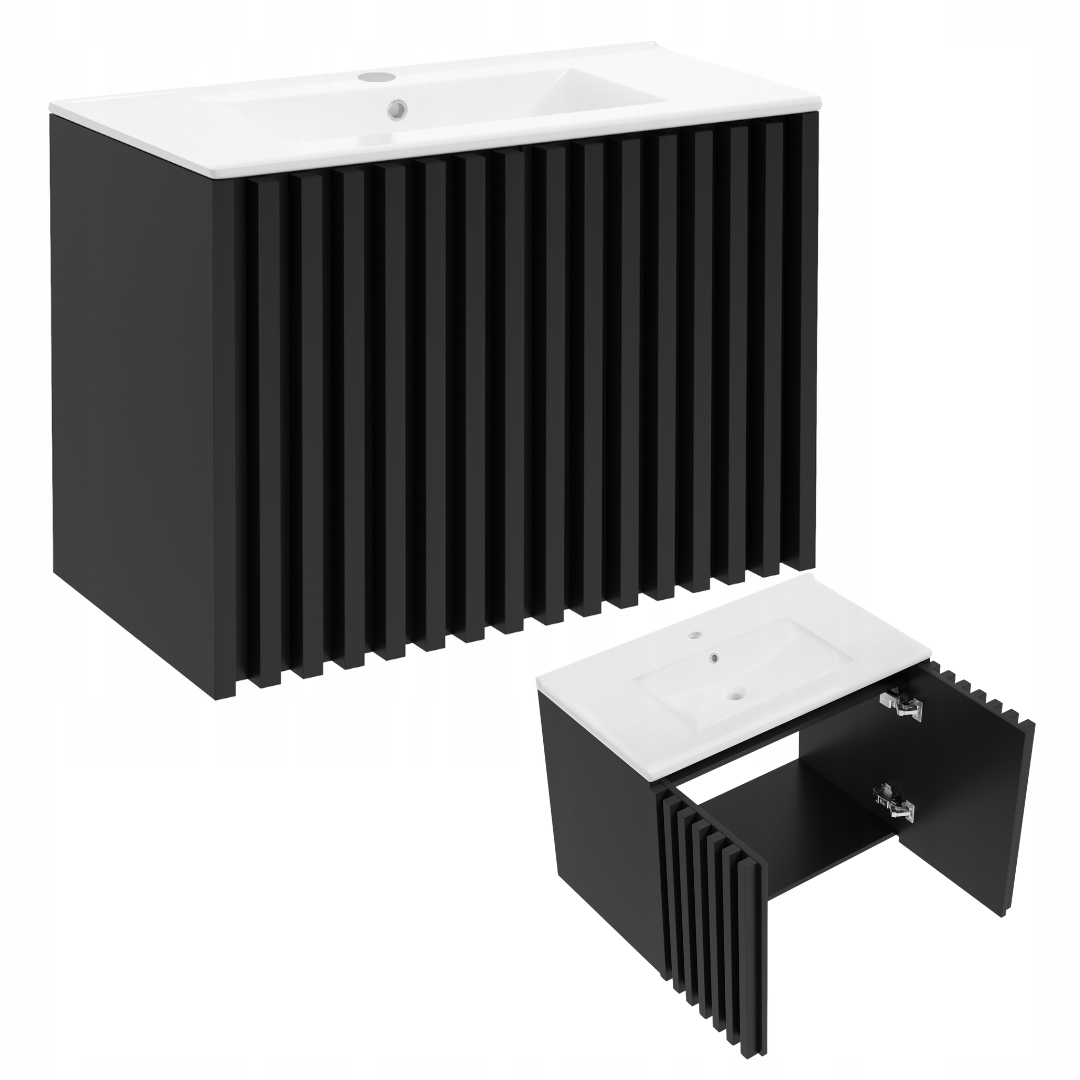 Szafka Łazienkowa z Umywalką 80 cm Czarna Matowa Lamele Wisząca Mdf Drzwi
