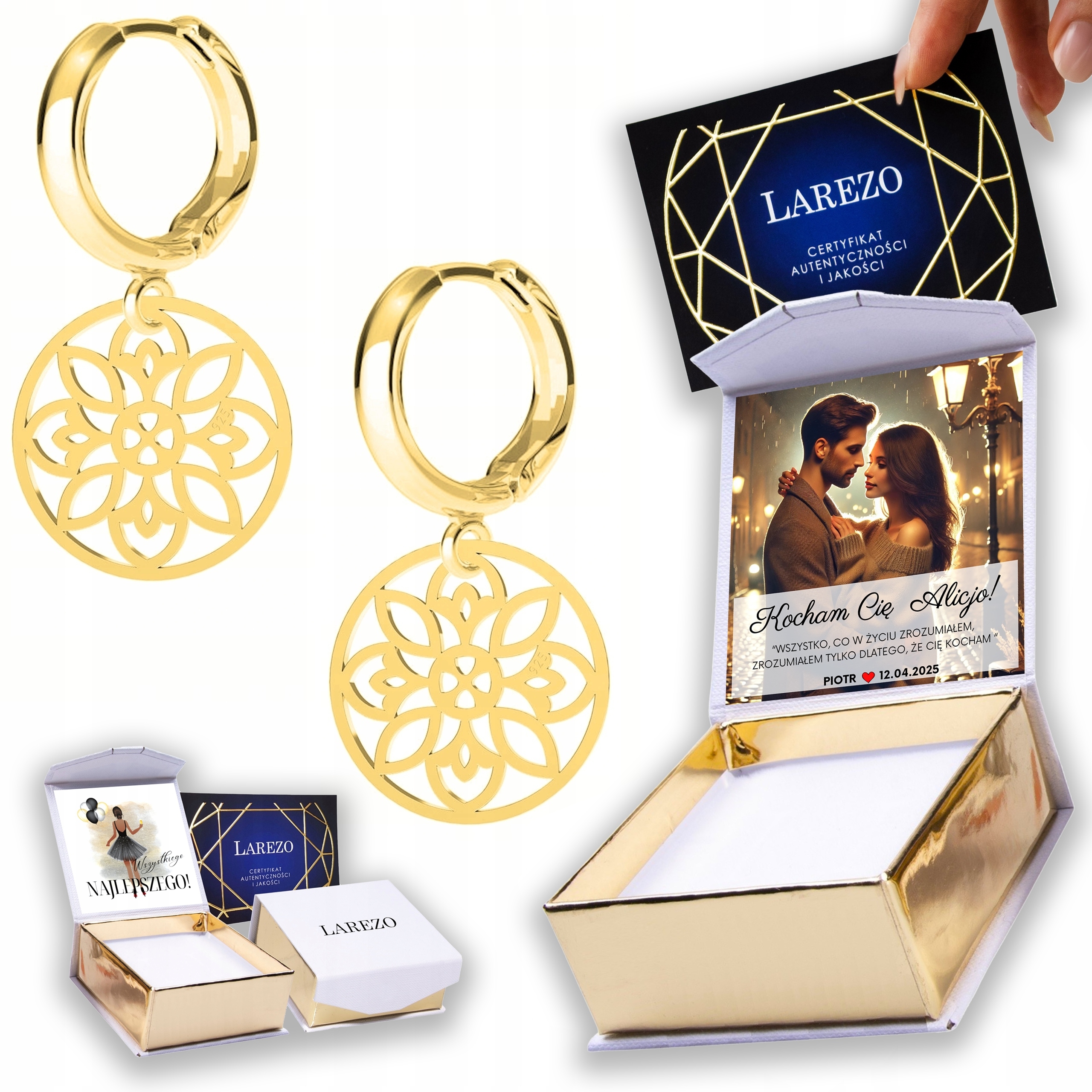 Zlaté Náušnice 925 Ažurový květ plechu s květinou Květinový potisk