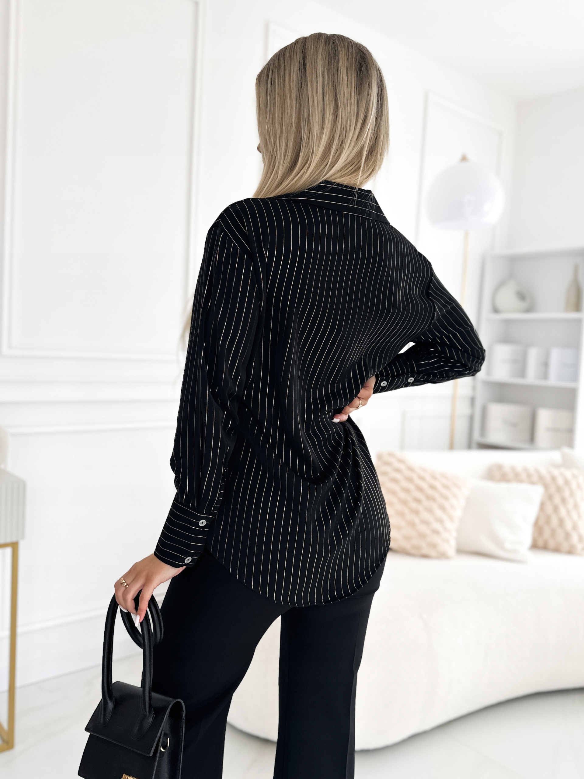 EKSKLUZYWNA KOBIECA KOSZULA Metaliczne Paski JAKOŚĆ PREMIUM XL Dekolt kołnierzyk