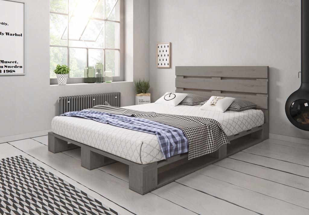 Łóżko Drewniane z Zagłówkiem Szare 140x200 Paletowe Loft Dwuosobowe