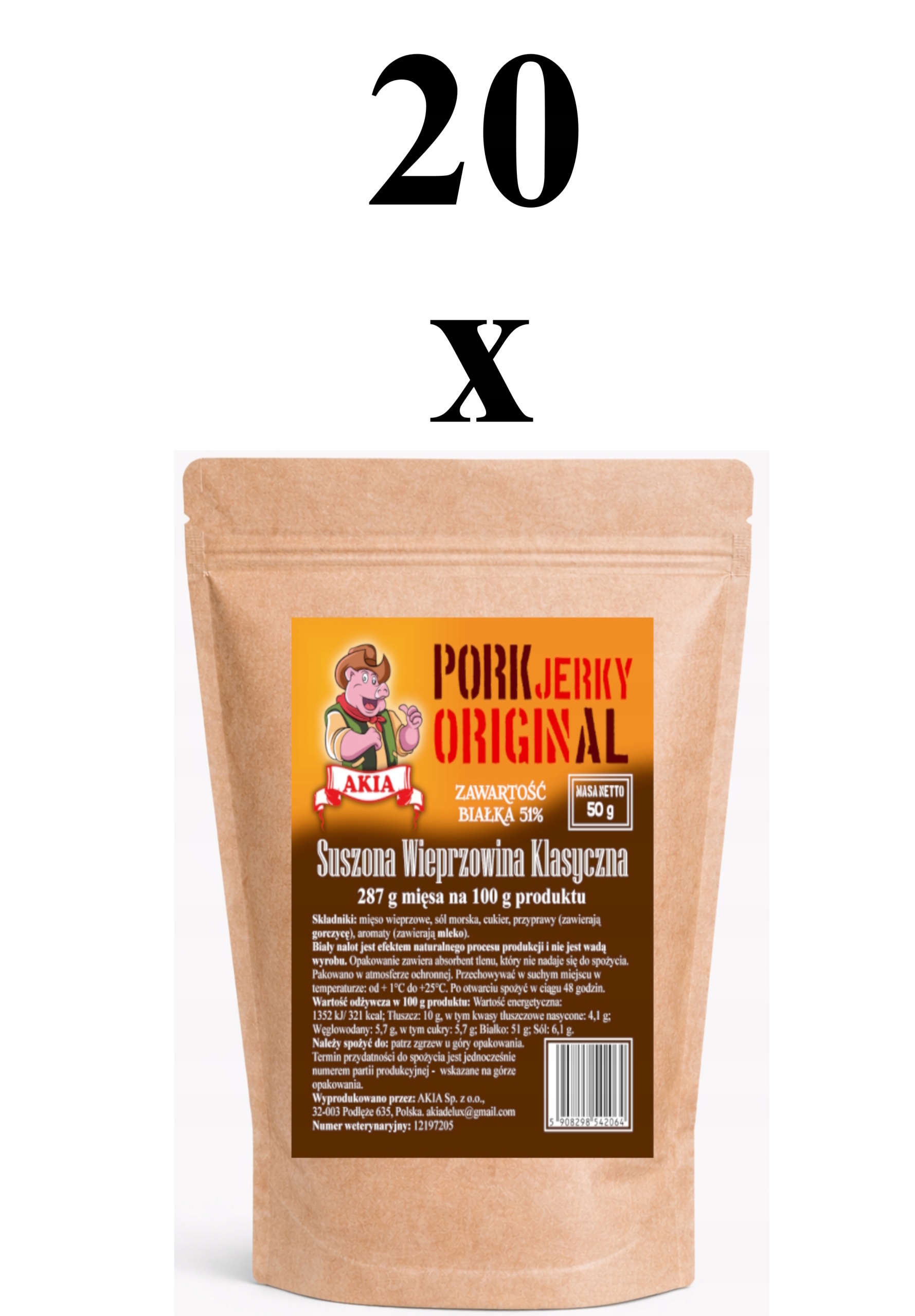 Levně Akia, Sušené vepřové maso, Klasické sušené vepřové maso, krabička 20 x 50 g