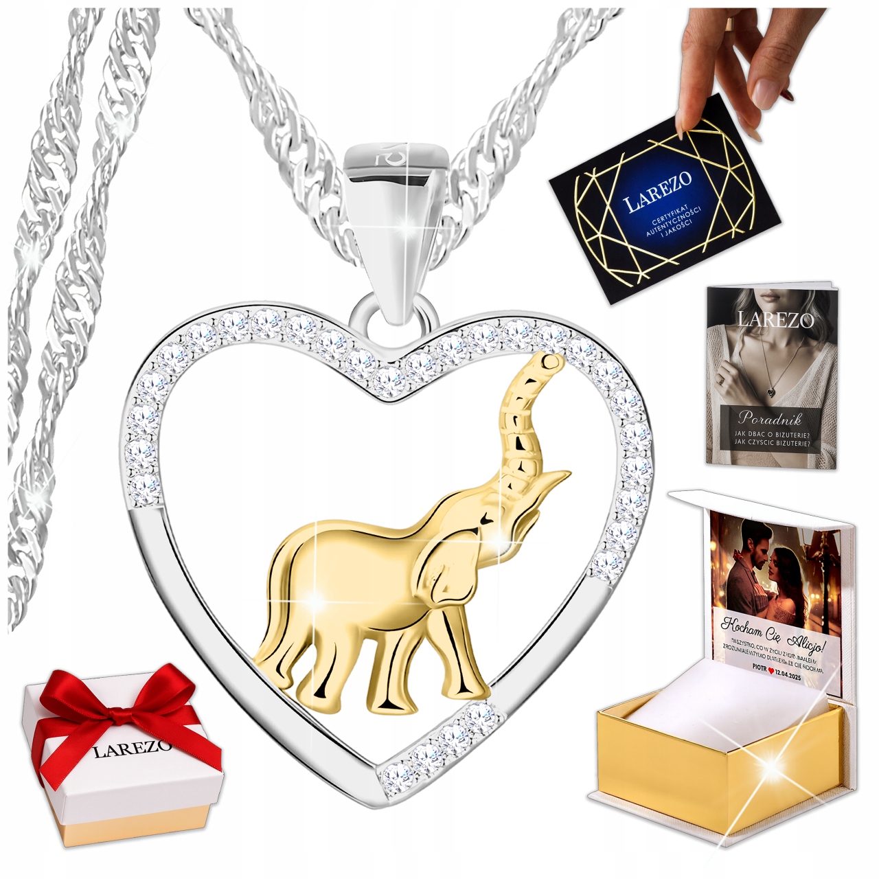 Stříbrný náhrdelník s potiskem slona, zlata 925 se Slon Zirkony srdcem