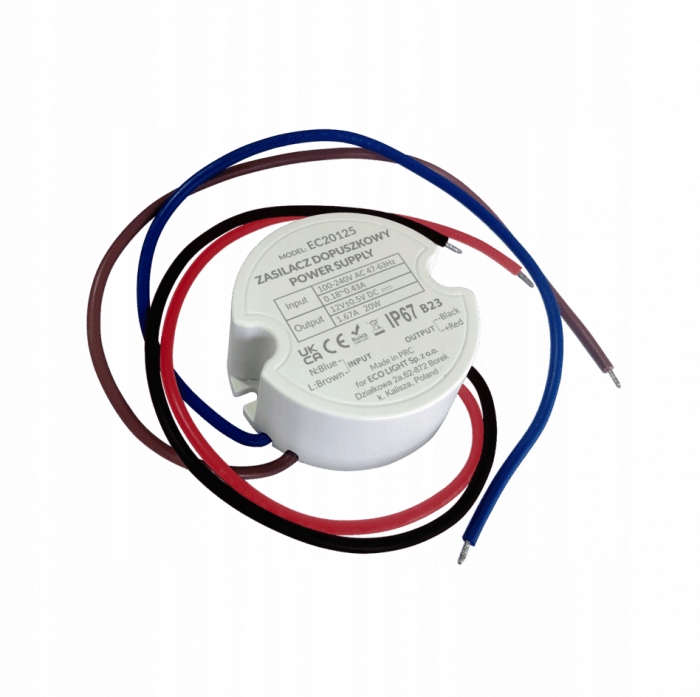 Zasilacz do puszki fi60 1,67A 20W 12V IP67 50x50x22