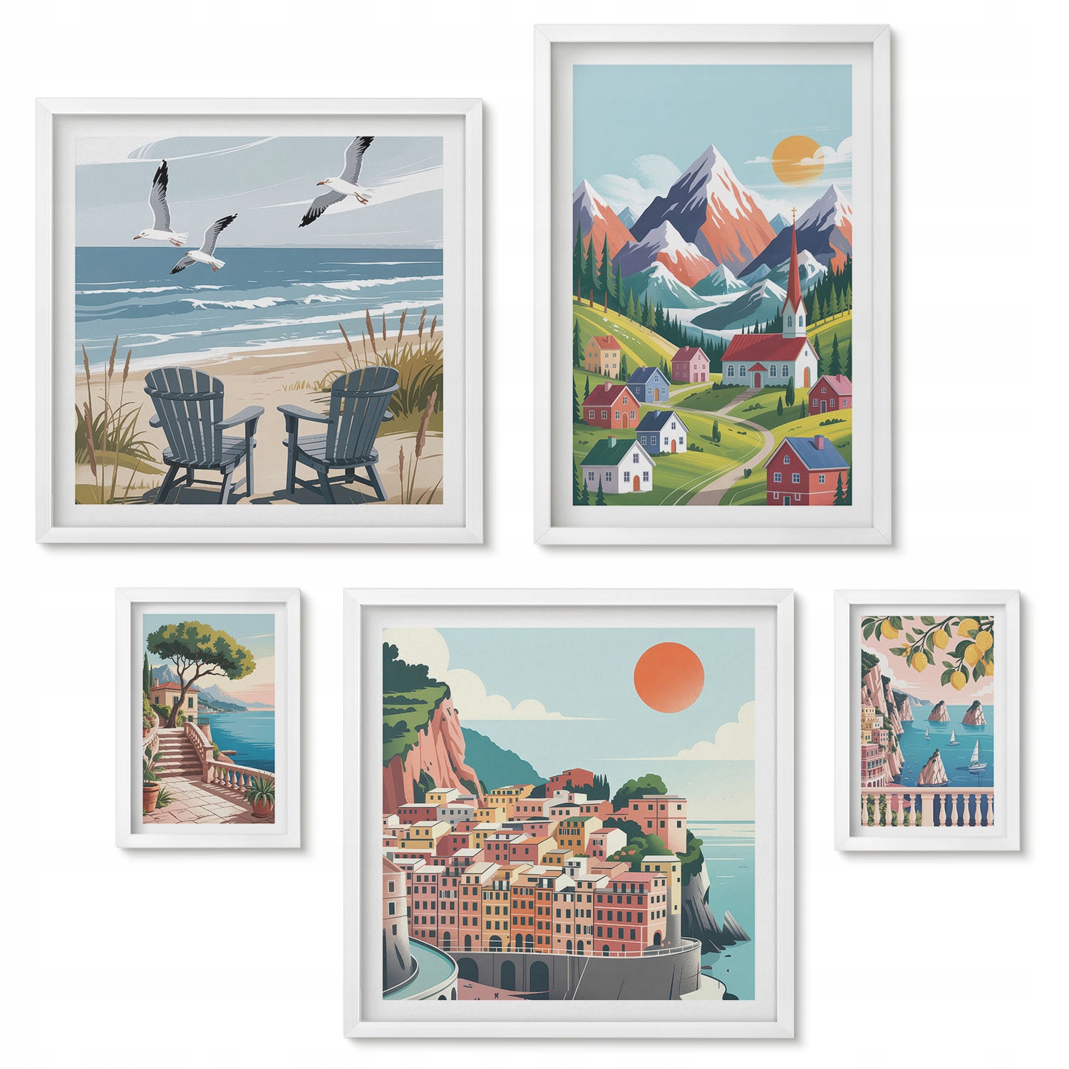 Sada 5 obrazů v rámu Galerie do ložnice Krajiny hor a moře retro