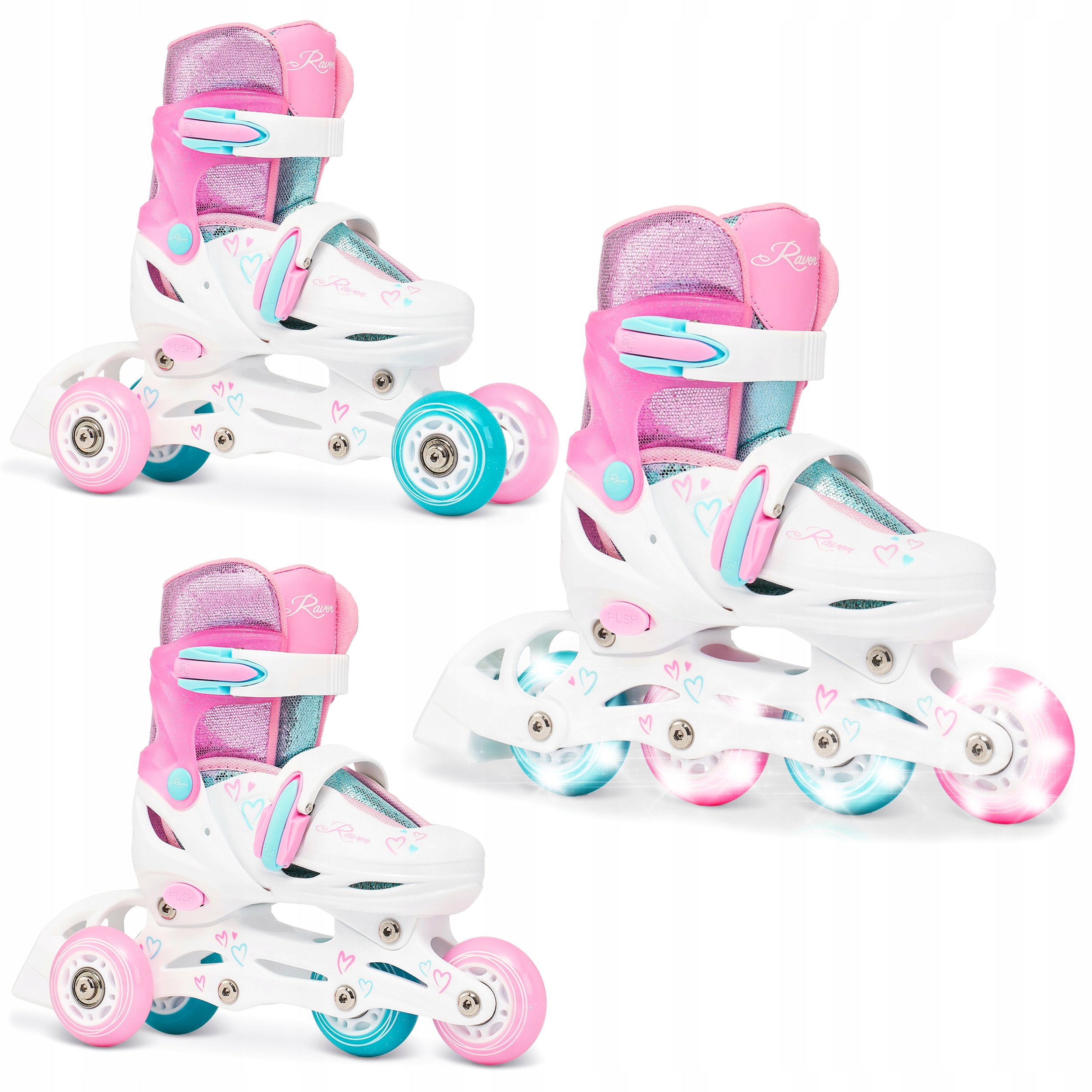 Rolki Wrotki 3w1 Regulowane do nauki Raven Loret Glitter Wmp 30-33 Led