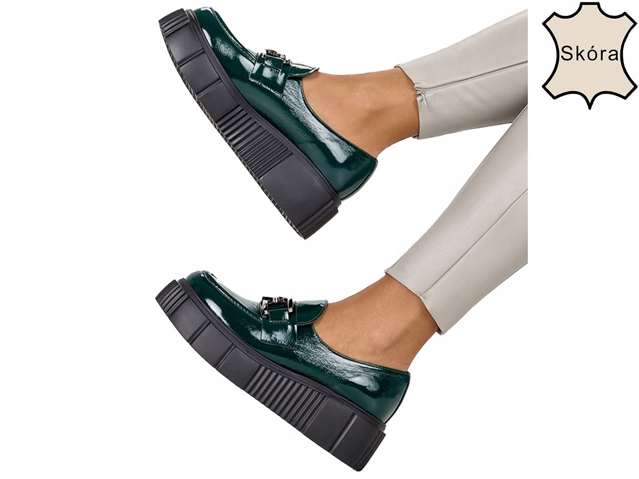 MOKASYNY PÓŁBUTY NA PLATFORMIE ŁAŃCUCH SKÓRA r 40
