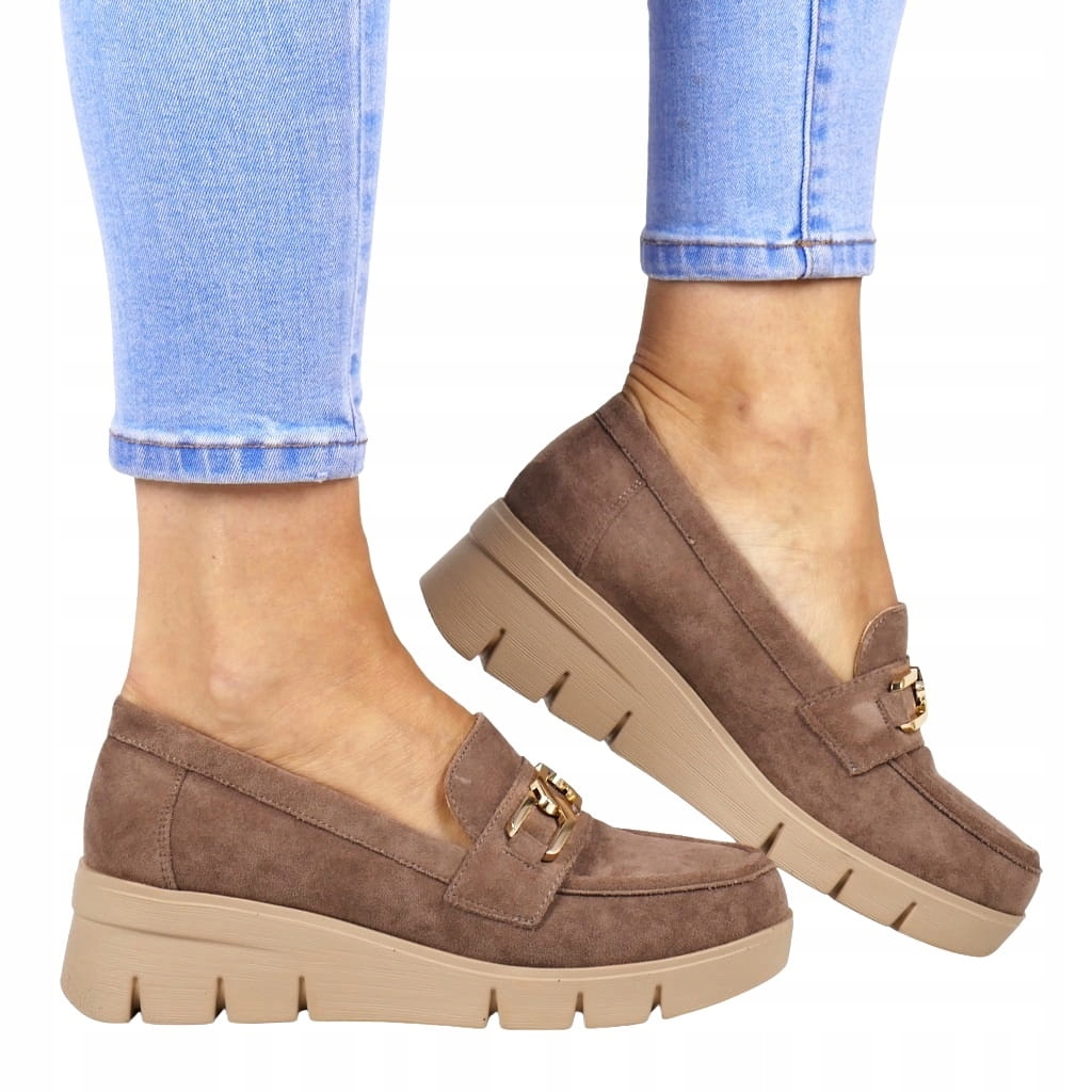 iDámské boty Mokasíny Na Koturně Polobotky S Přezkou Khaki Semišové Pohodlné