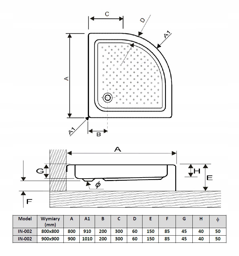 BRODZIK DO KABINY PRYSZNICOWEJ 90X90 PÓŁOKRĄGŁY NAROŻNY PŁYTKI 90CM SYFON Kształt półokrągły