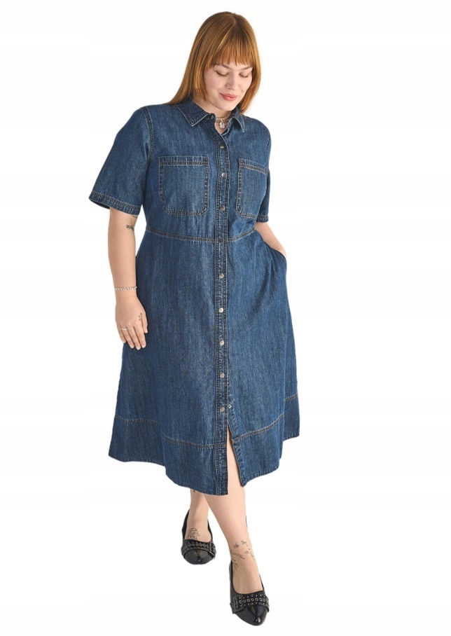 Zizzi Skvělé Tmavě Modré Džínové Šaty Knoflíky 967A 48