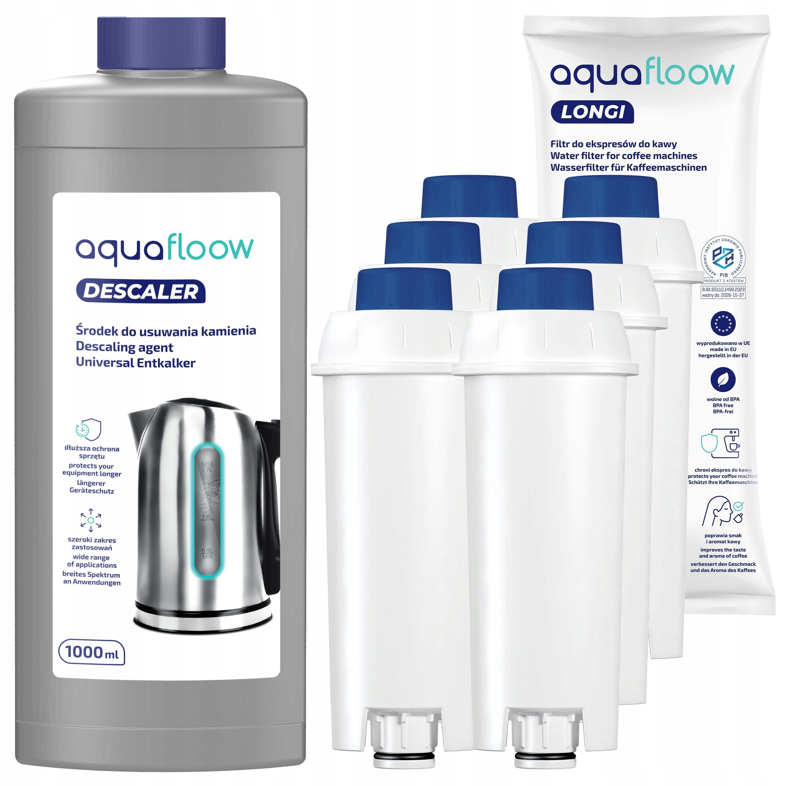 AquaFloow odkamieniacz do ekspresu 1l 6x filtr wody do ekspresu Delonghi