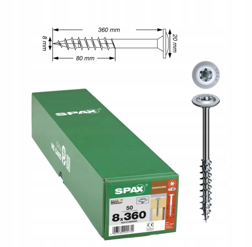 Univerzálne skrutky do konštrukcie Wirox do dreva Spax 8 x 360 mm 50 ks