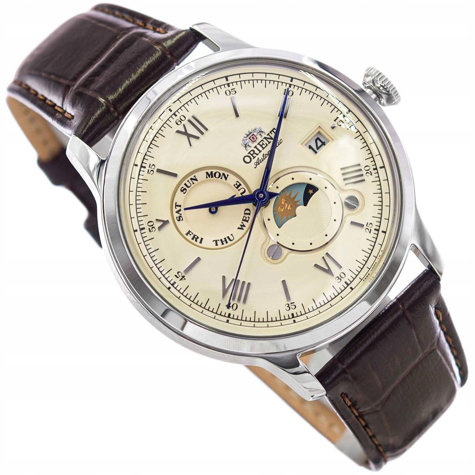Pánské Orient Hodinky RA-AK0803Y30B Sun & Moon Automatic Hnědé S Řemínkem