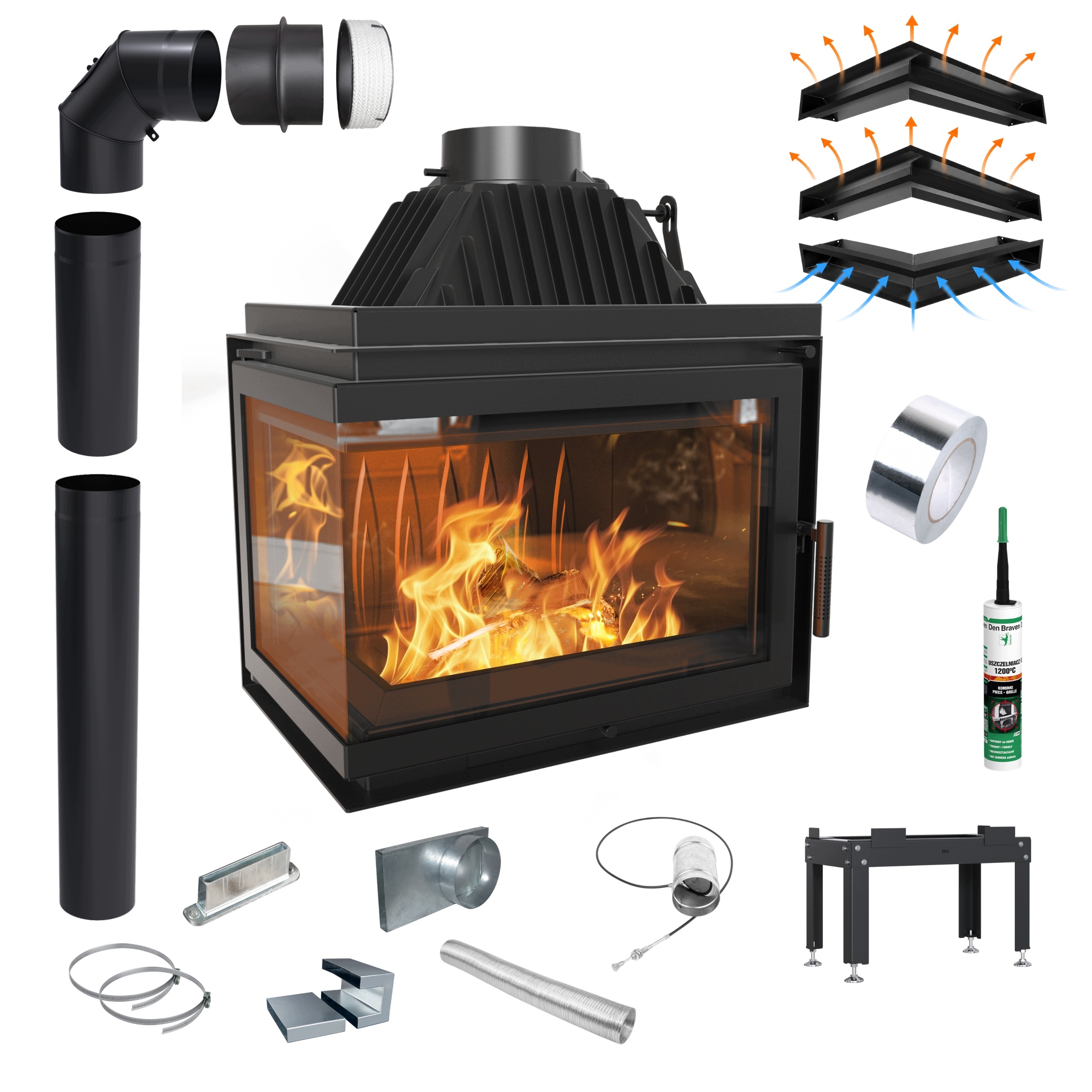Kominek Żeliwny Narożny Kratki Simple Lewy 15 kW fi 200 Akcesoria Montaż