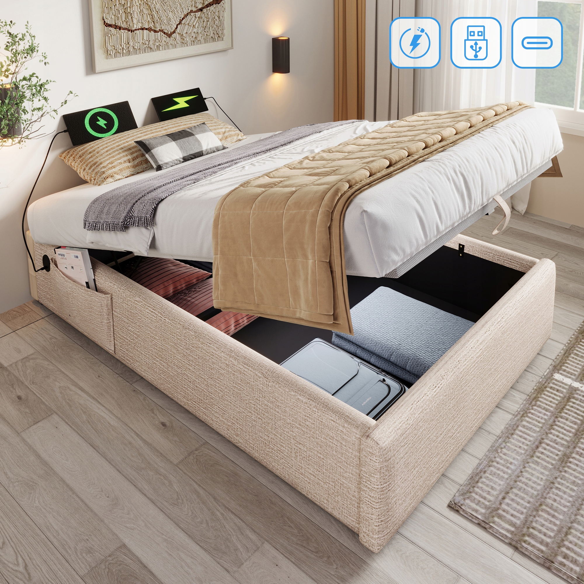 Čalouněná jednolůžková postel 90 x 200 cm Usb-c Skladování bavlna, béžová